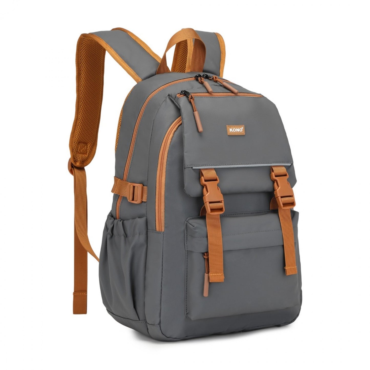 Kono PVC Coated Urban Water-Resistant Backpack with Reflective Safety Straps and Multi-Compartment Design (EQ2416) - Grey & Brown