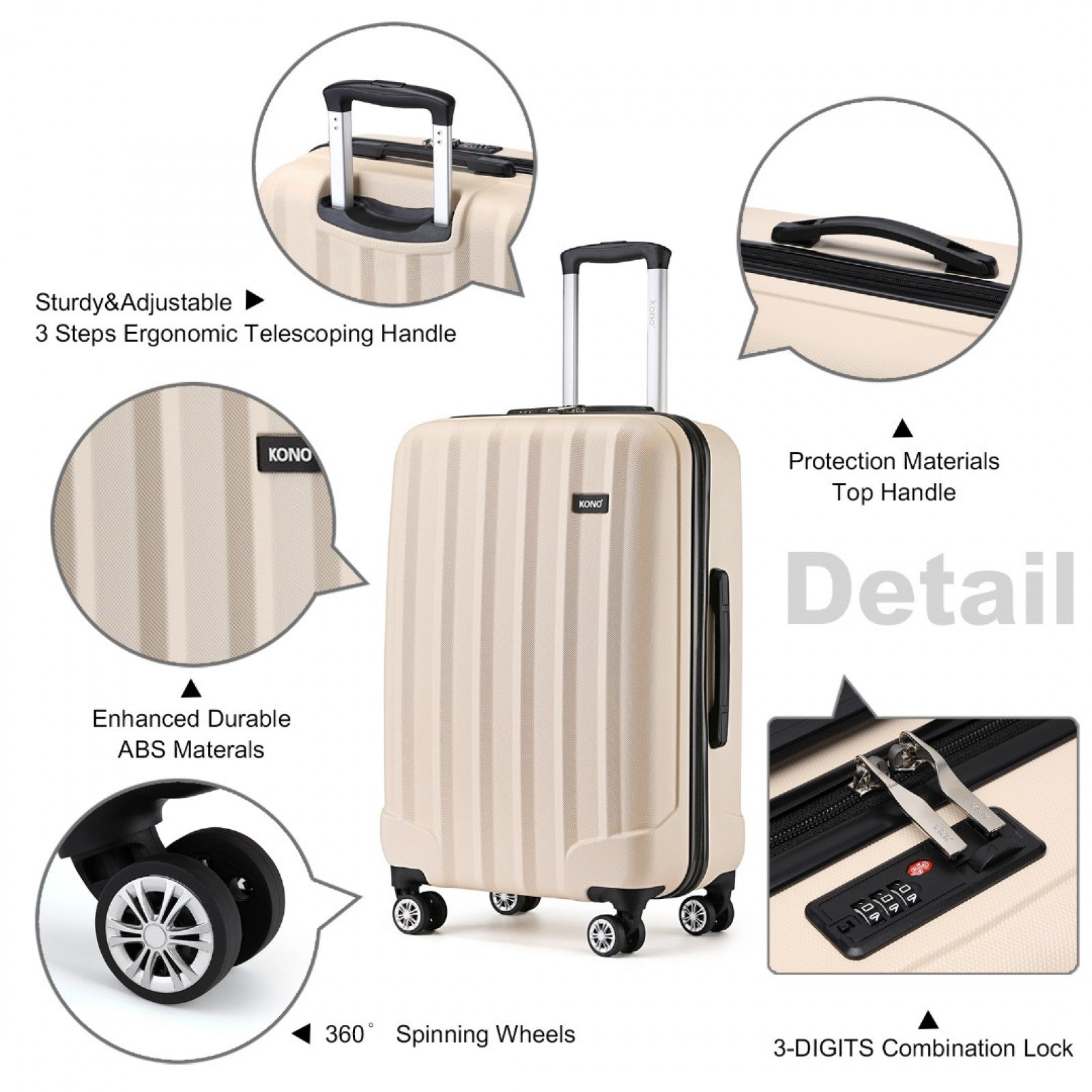 Kono ABS+PC Hard Shell Luggage with Vertical Stripes Ideal for (K1773-1L) - Beige