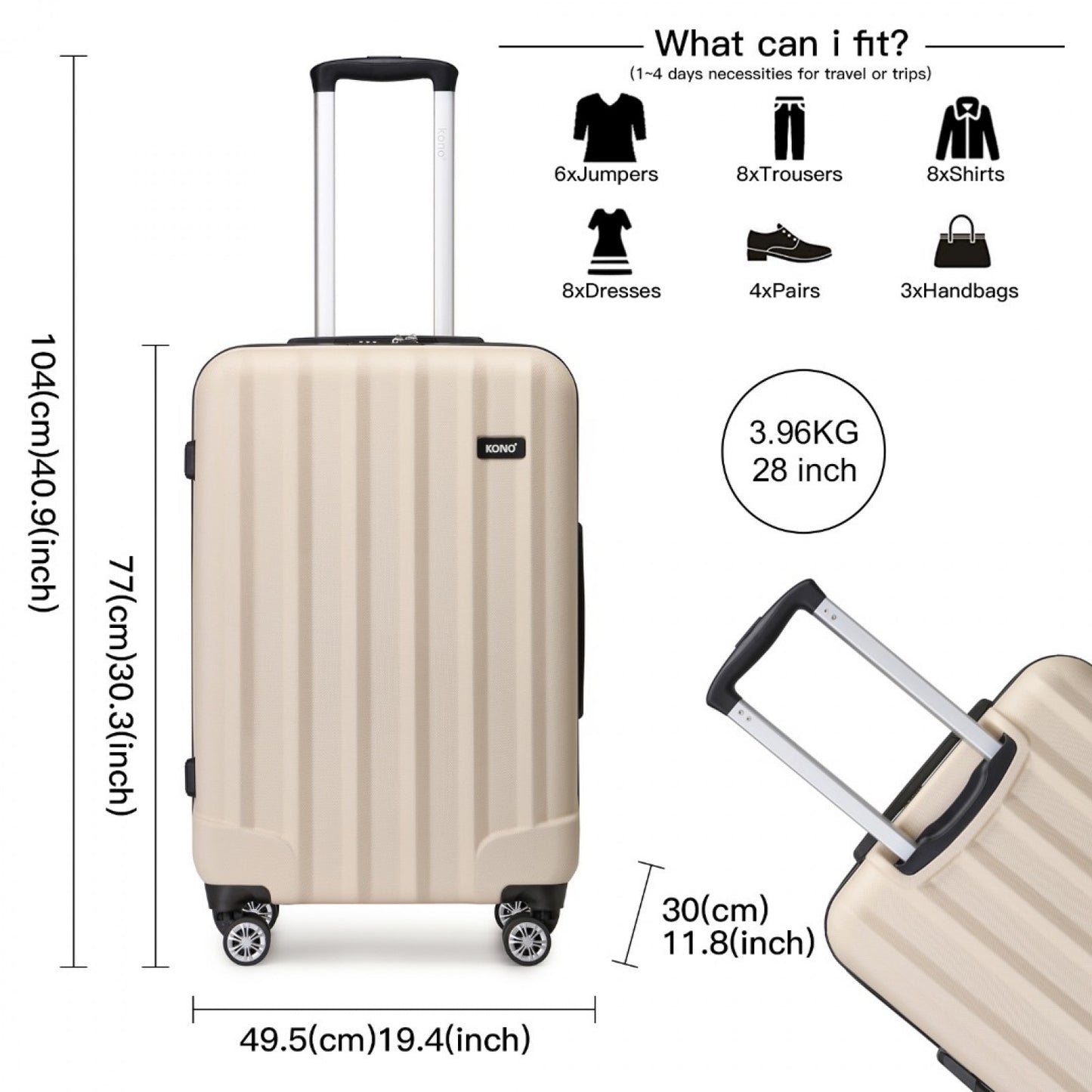 Kono ABS+PC Hard Shell Luggage with Vertical Stripes Ideal for (K1773-1L) - Beige