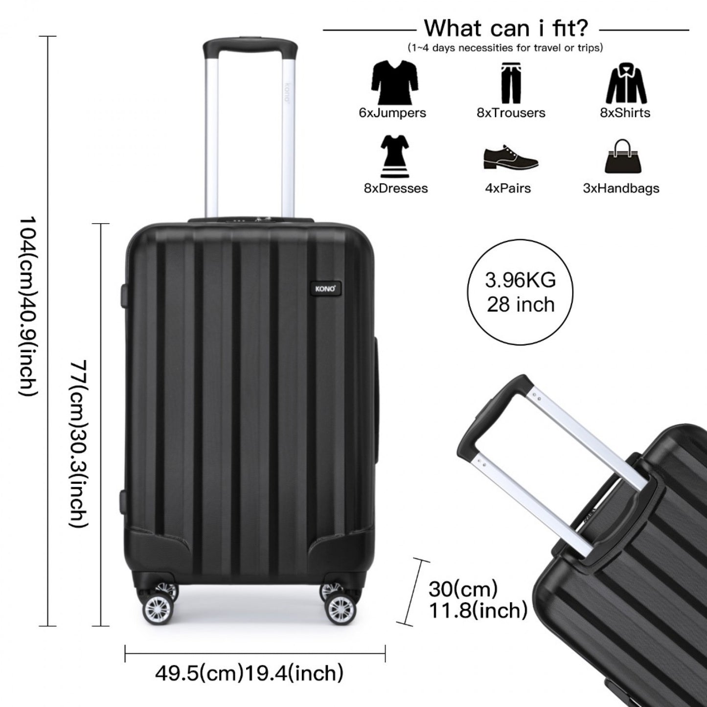 Kono ABS+PC Hard Shell Luggage with Vertical Stripes Ideal for (K1773-1L) - Black