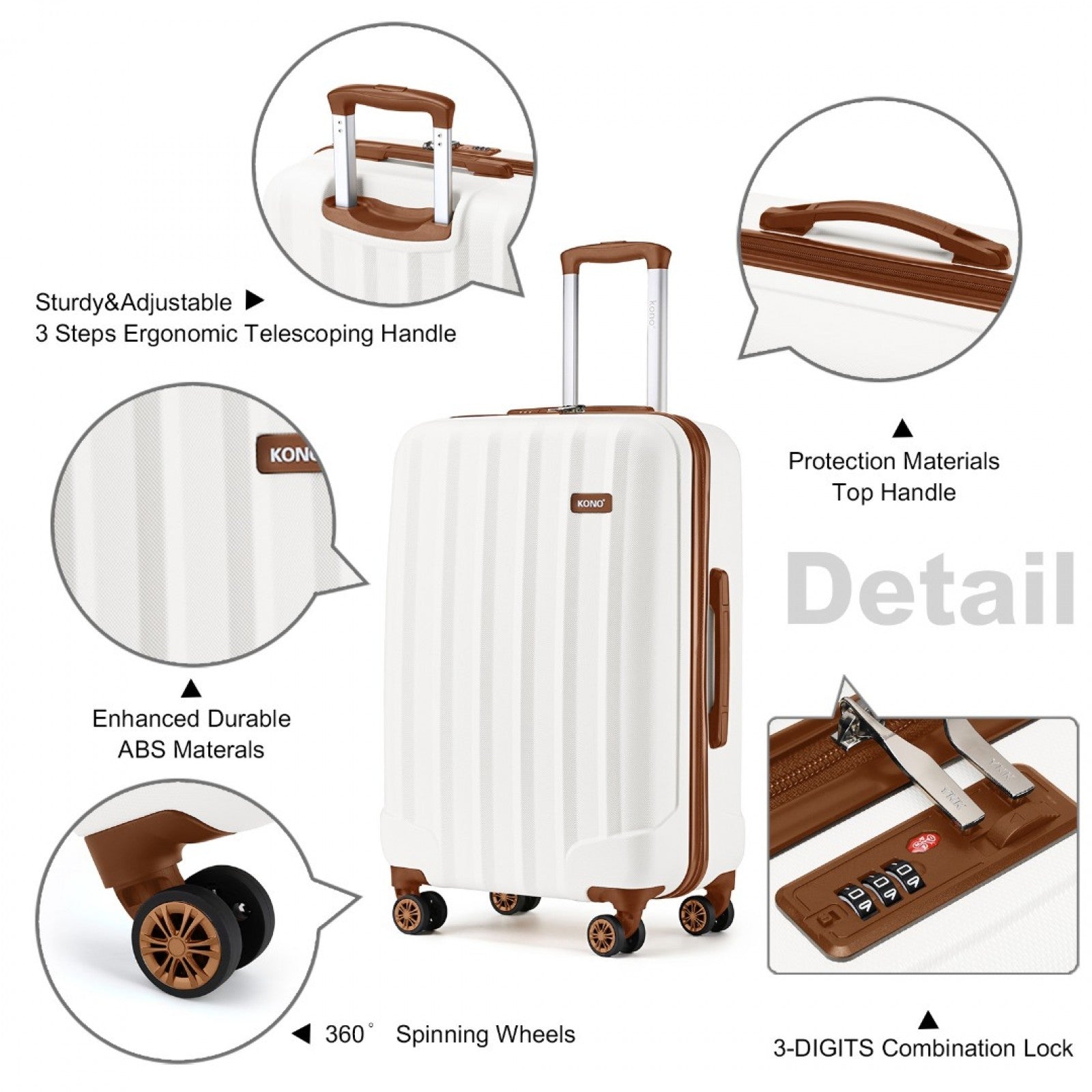 Kono ABS+PC Hard Shell Luggage with Vertical Stripes Ideal for (K1773-1L) - Cream