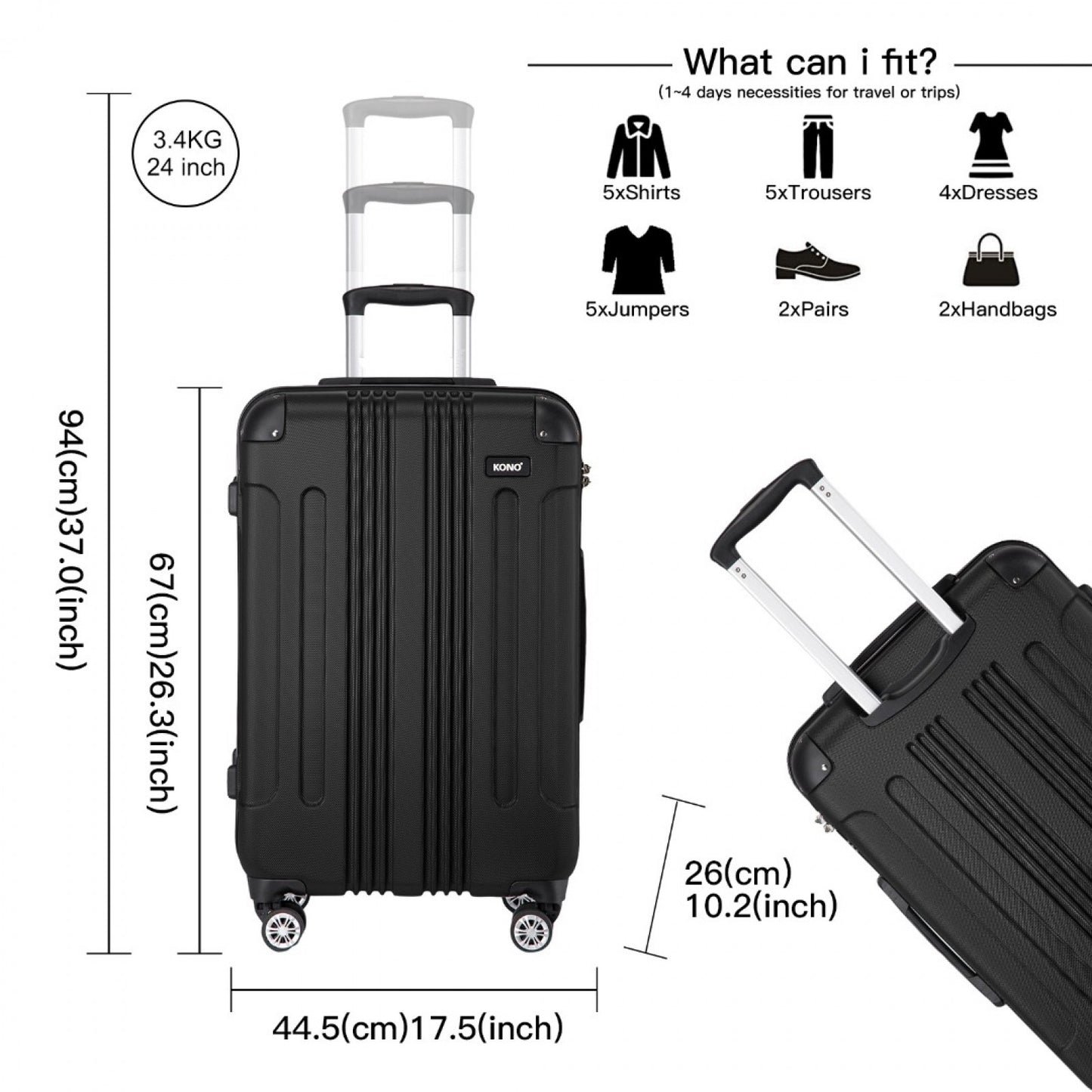 Kono black 24 inch suitcase dimensions