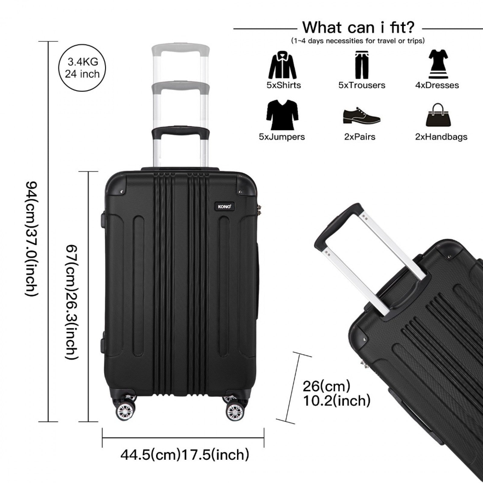 Kono black 24 inch suitcase dimensions
