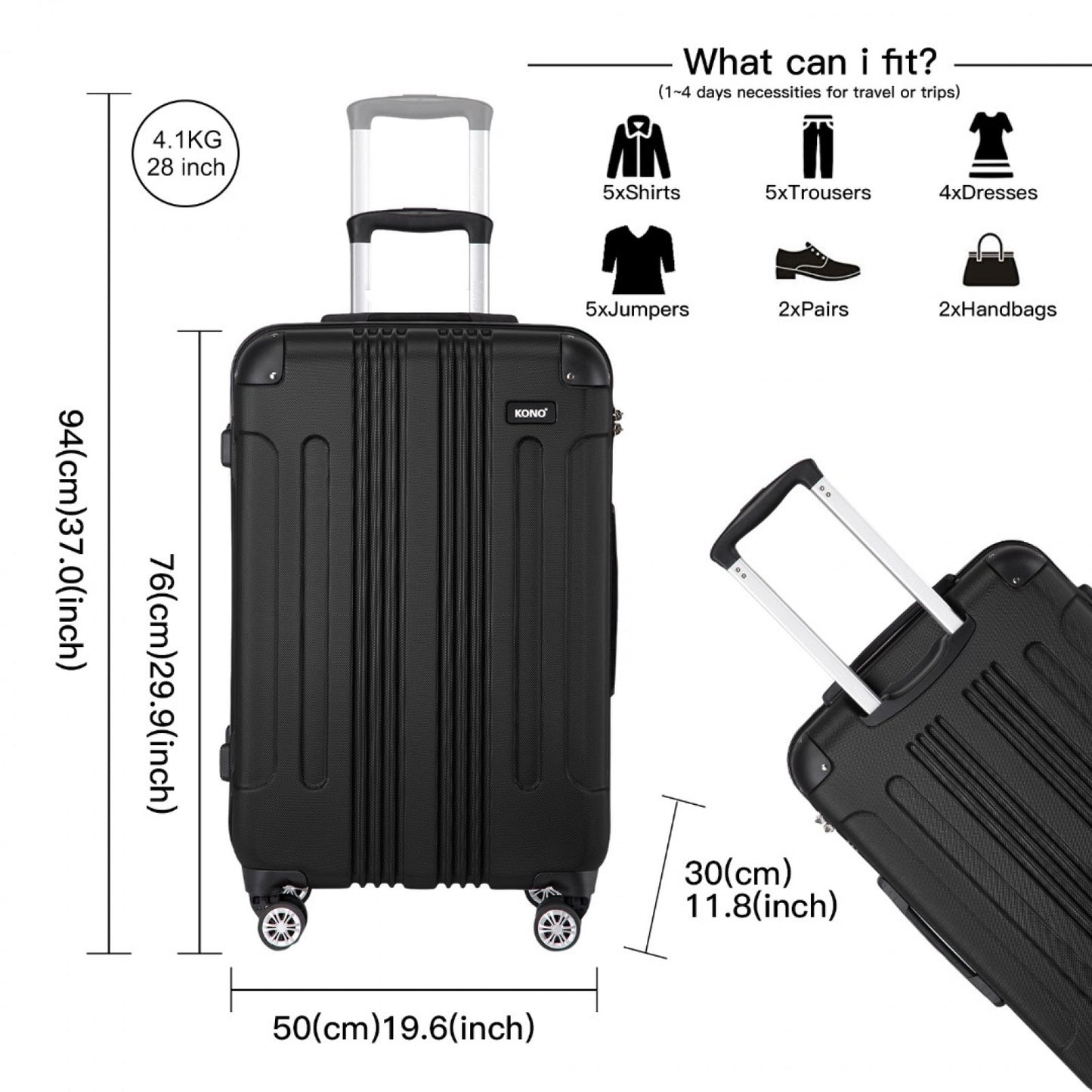 Kono black 28 inch suitcase dimensions