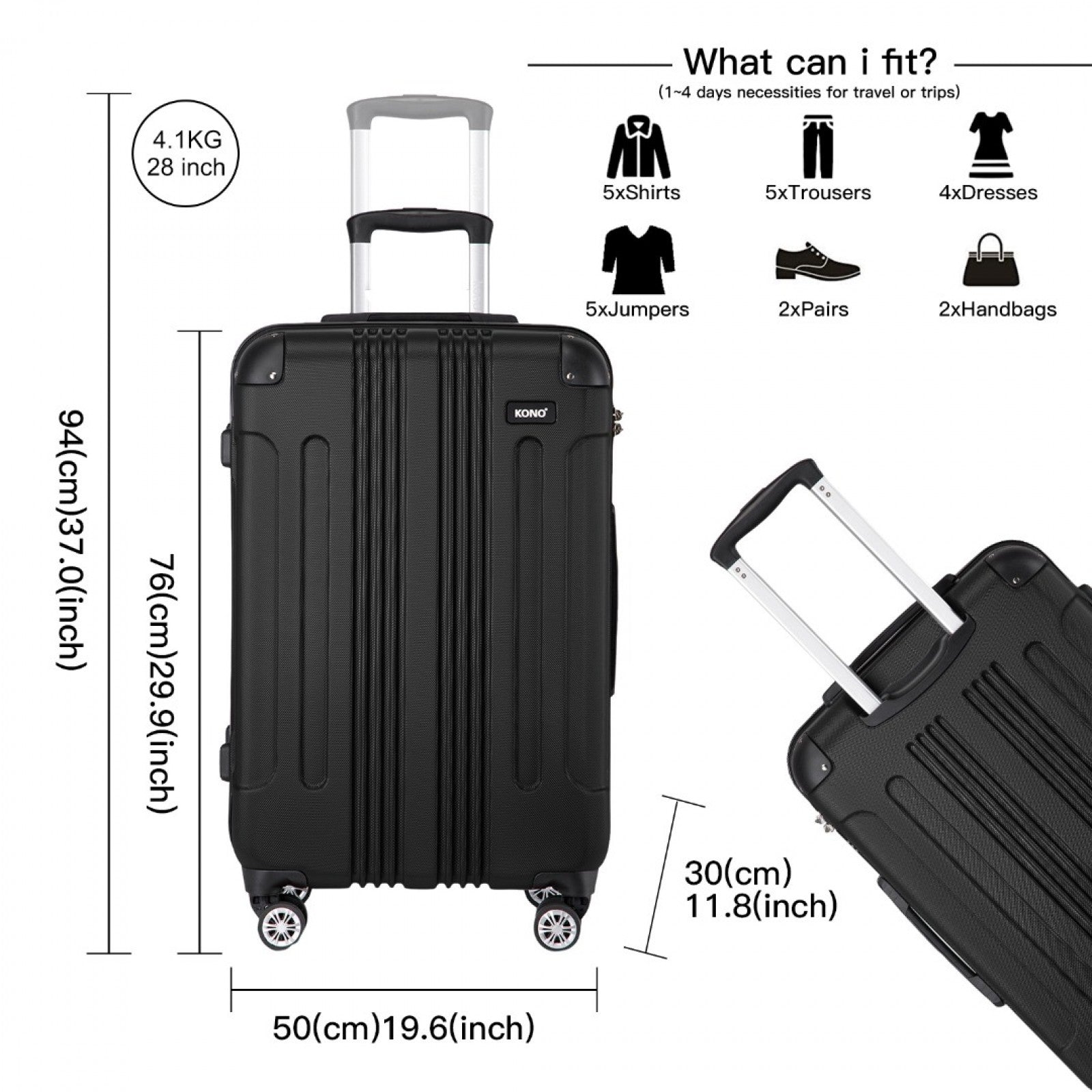Kono black 28 inch suitcase dimensions