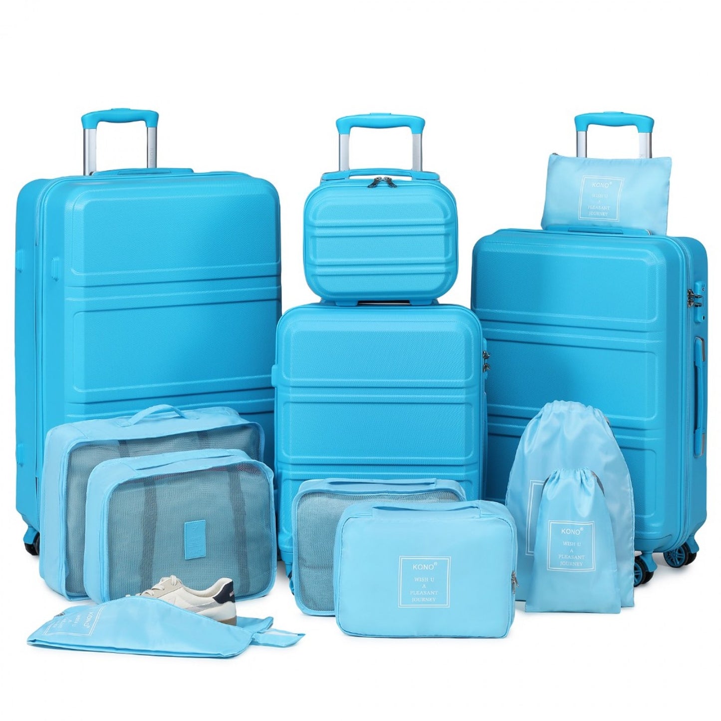 Kono ABS Suitcase Set With 4 Wheel Design Including Vanity Case And Travel Luggage Organiser Bag Set (K1871-1L+E2019) - Blue