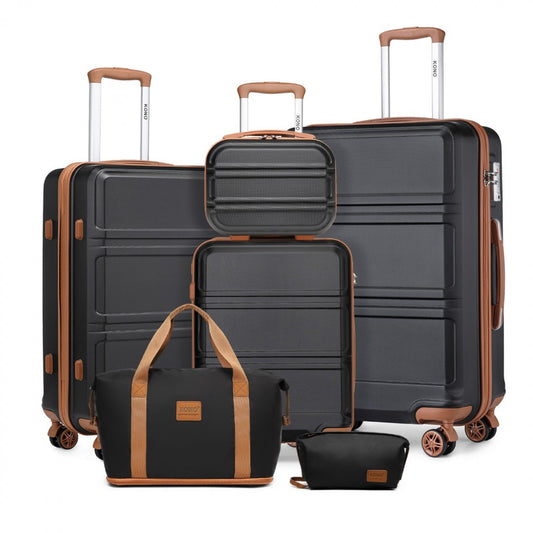 Kono 6 Piece ABS Suitcase Set With 4 Wheel Design Including Vanity Case Weekend Bag And Toiletry Bag (K1871-1L+EA2212) - Black & Brown