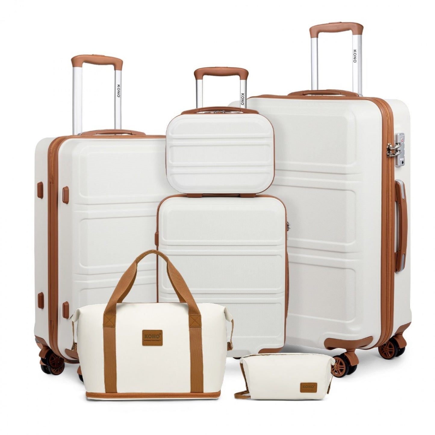 Kono 6 Piece ABS Suitcase Set With 4 Wheel Design Including Vanity Case Weekend Bag And Toiletry Bag (K1871-1L+EA2212) - Cream