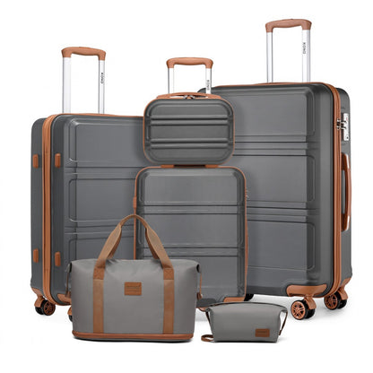 Kono 6 Piece ABS Suitcase Set With 4 Wheel Design Including Vanity Case Weekend Bag And Toiletry Bag (K1871-1L+EA2212) - Grey & Brown