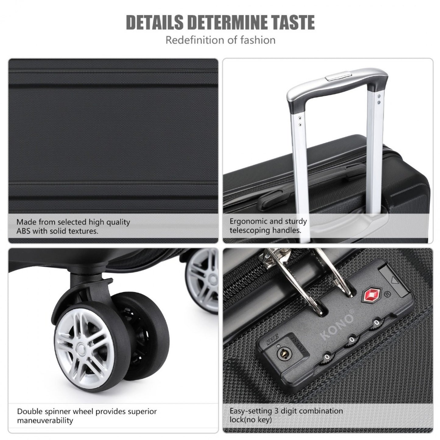 Kono ABS Sculpted Horizontal Design Cabin Luggage (K1871-1L) - Black