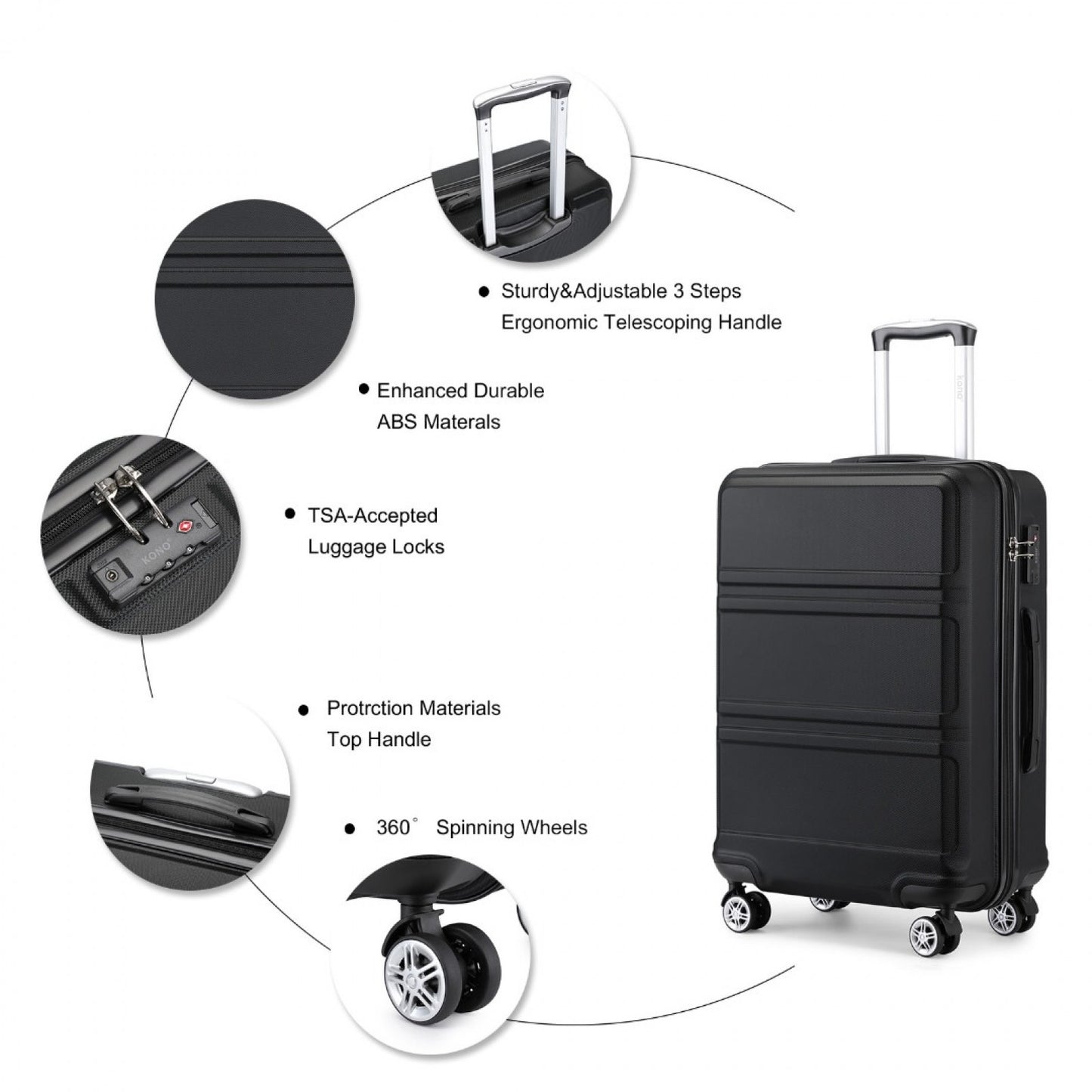 Kono ABS Sculpted Horizontal Design Cabin Luggage (K1871-1L) - Black