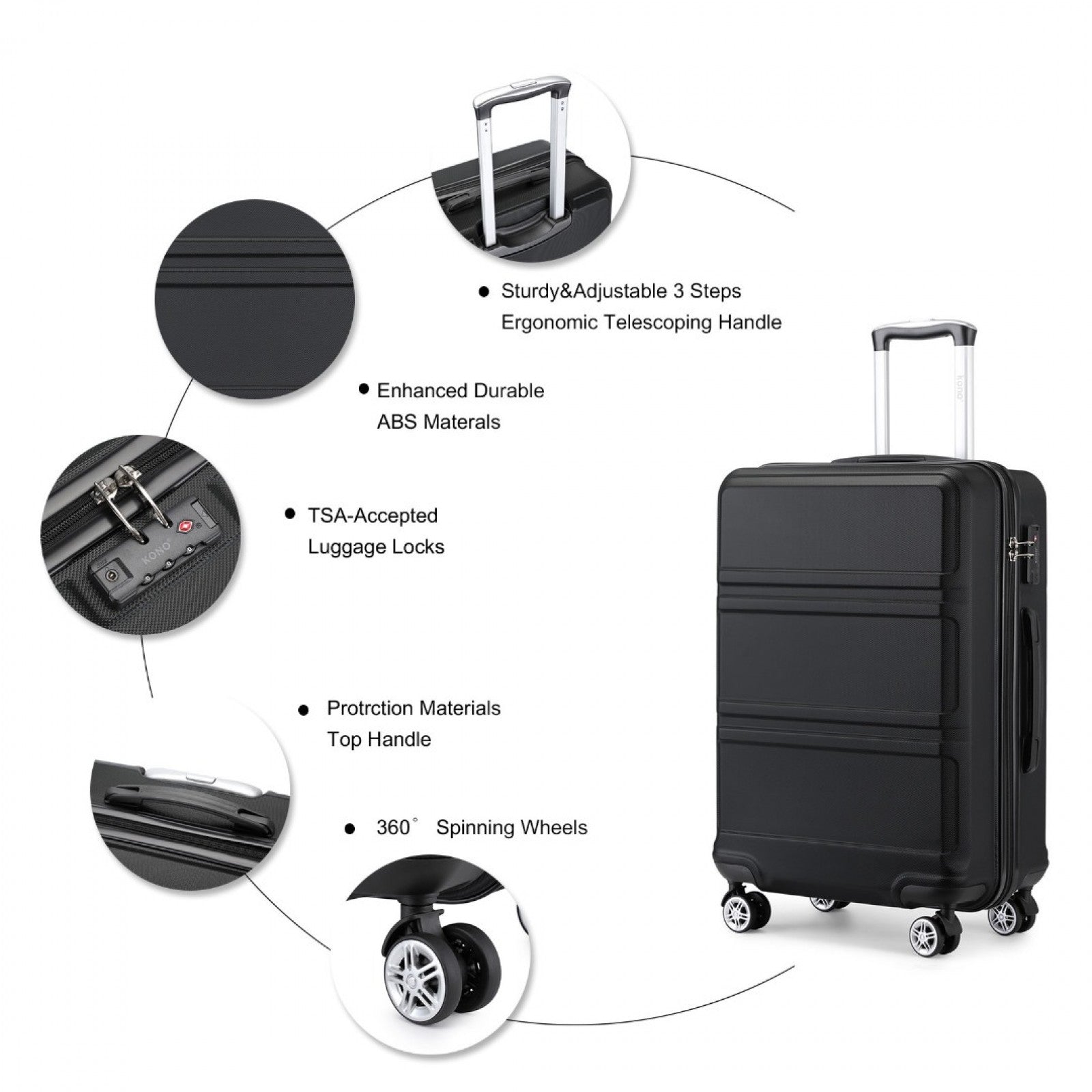 Kono ABS Sculpted Horizontal Design Cabin Luggage (K1871-1L) - Black