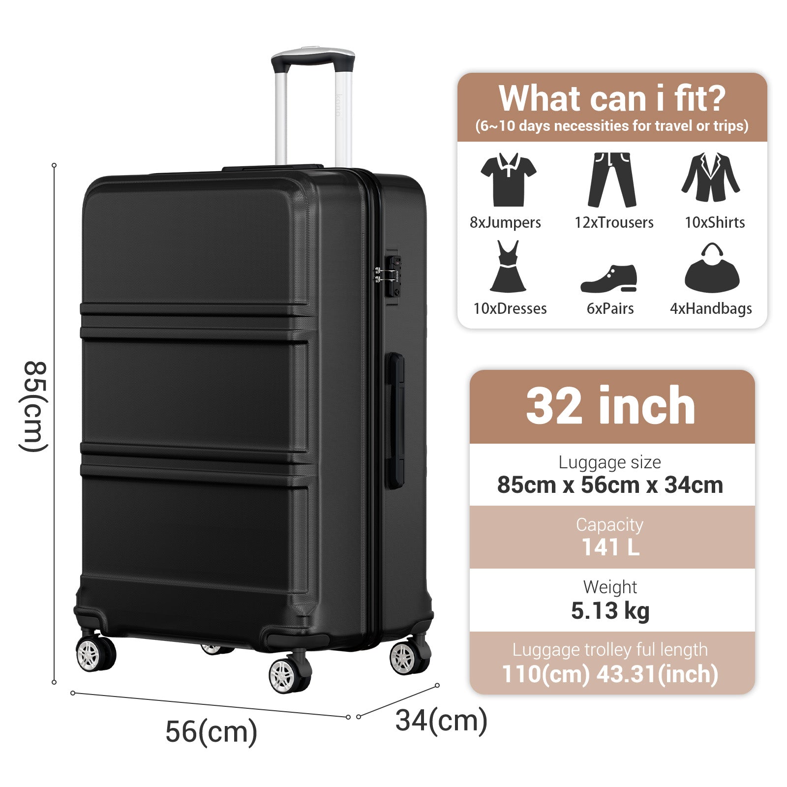Kono 32″ Extra Large Hard Shell Suitcase with Sculpted Horizontal Design & Telescopic Handle – Black