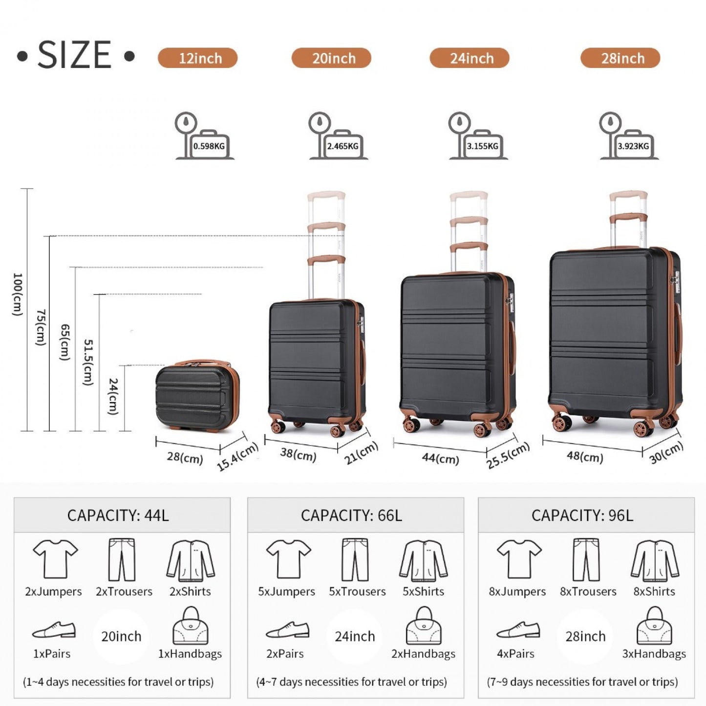 Kono ABS Sculpted Horizontal Design 4 Pcs Suitcase Set With Vanity Case (K1871-1L) - Black & Brown