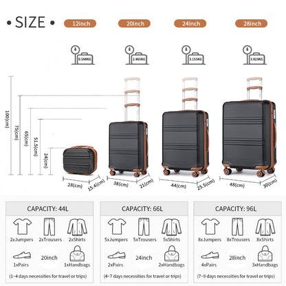 Kono ABS Sculpted Horizontal Design 4 Pcs Suitcase Set With Vanity Case (K1871-1L) - Black & Brown
