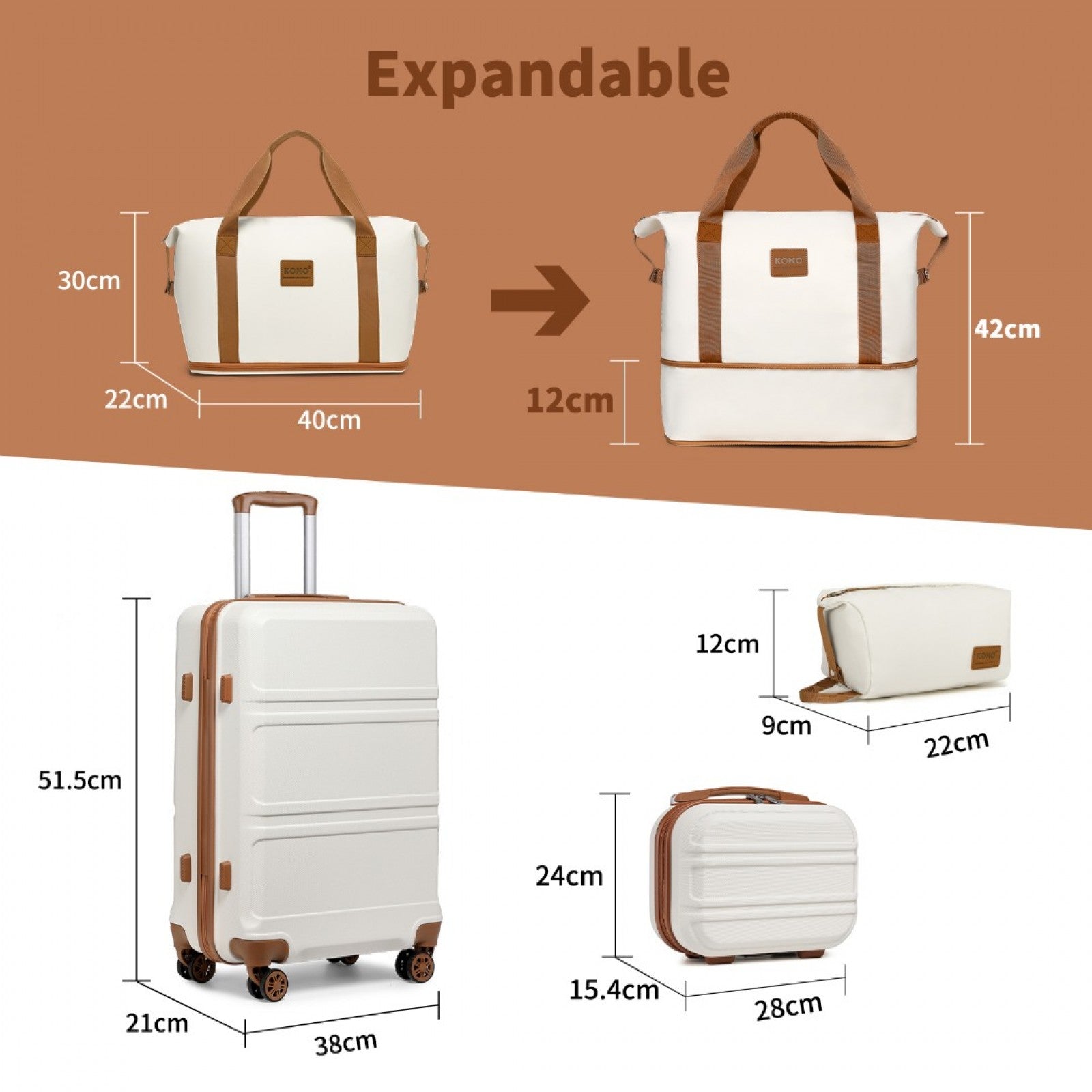 Kono ABS 4 Wheel Suitcase Set With Vanity Case And Weekend Bag And Toiletry Bag (K1871-1L+EA2212) - Cream