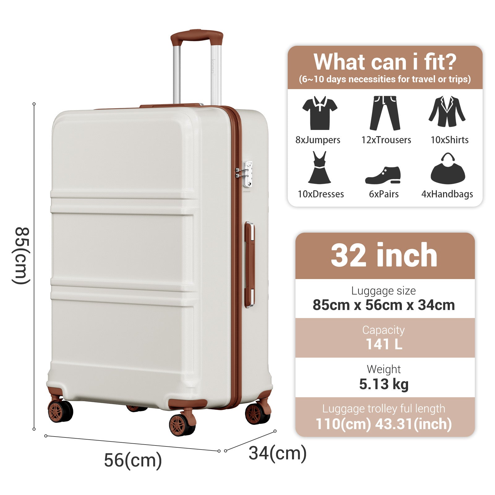 Extra Large Hard Shell Suitcase with Sculpted Horizontal Design & Telescopic Handle – Cream