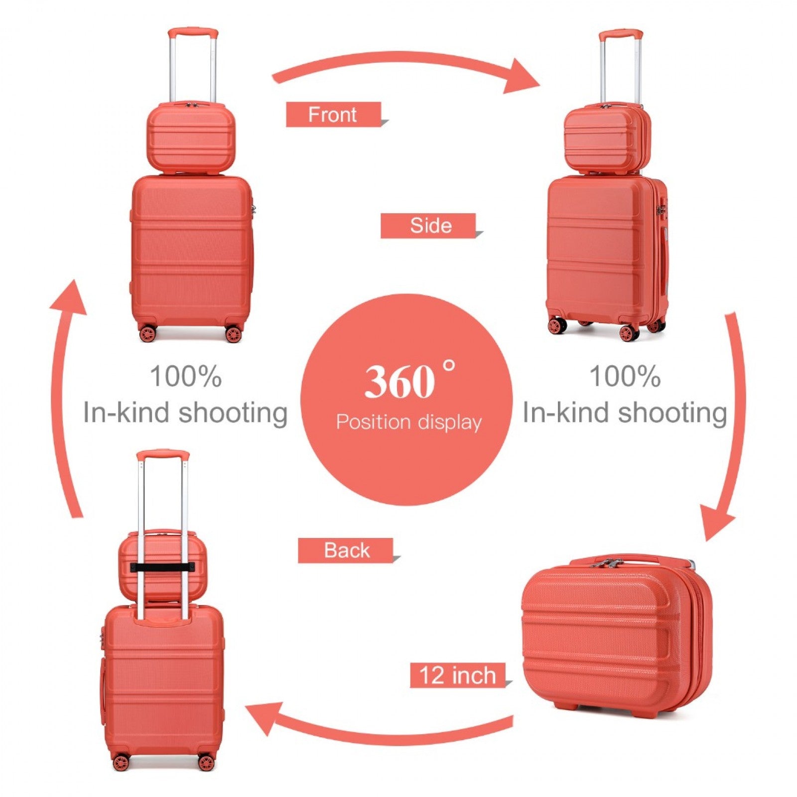 Kono ABS Sculpted Horizontal Design 4 Pcs Suitcase Set With Vanity Case (K1871-1L) - Coral