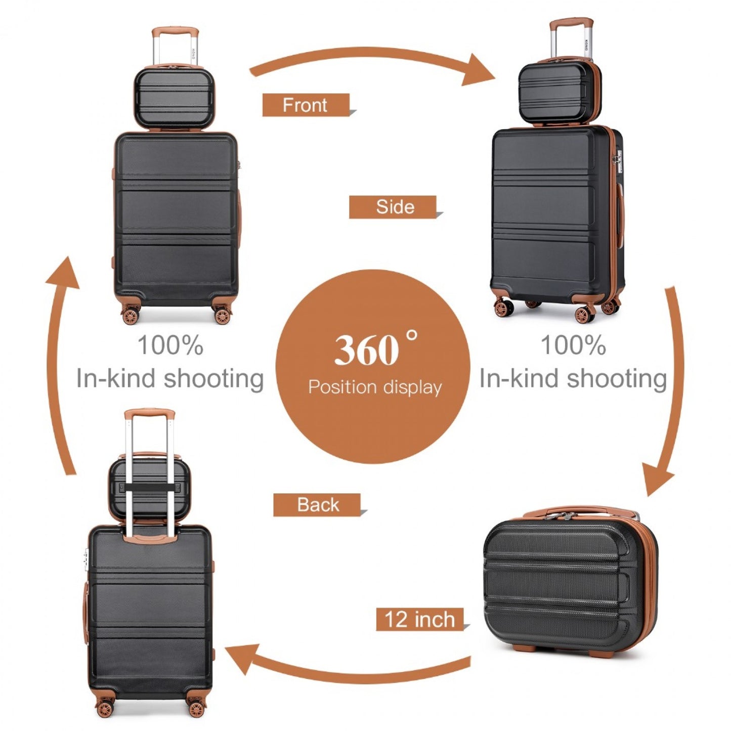 Kono ABS 4 Wheel Suitcase Set With Vanity Case And Weekend Bag And Toiletry Bag (K1871-1L+EA2212) - Black & Brown