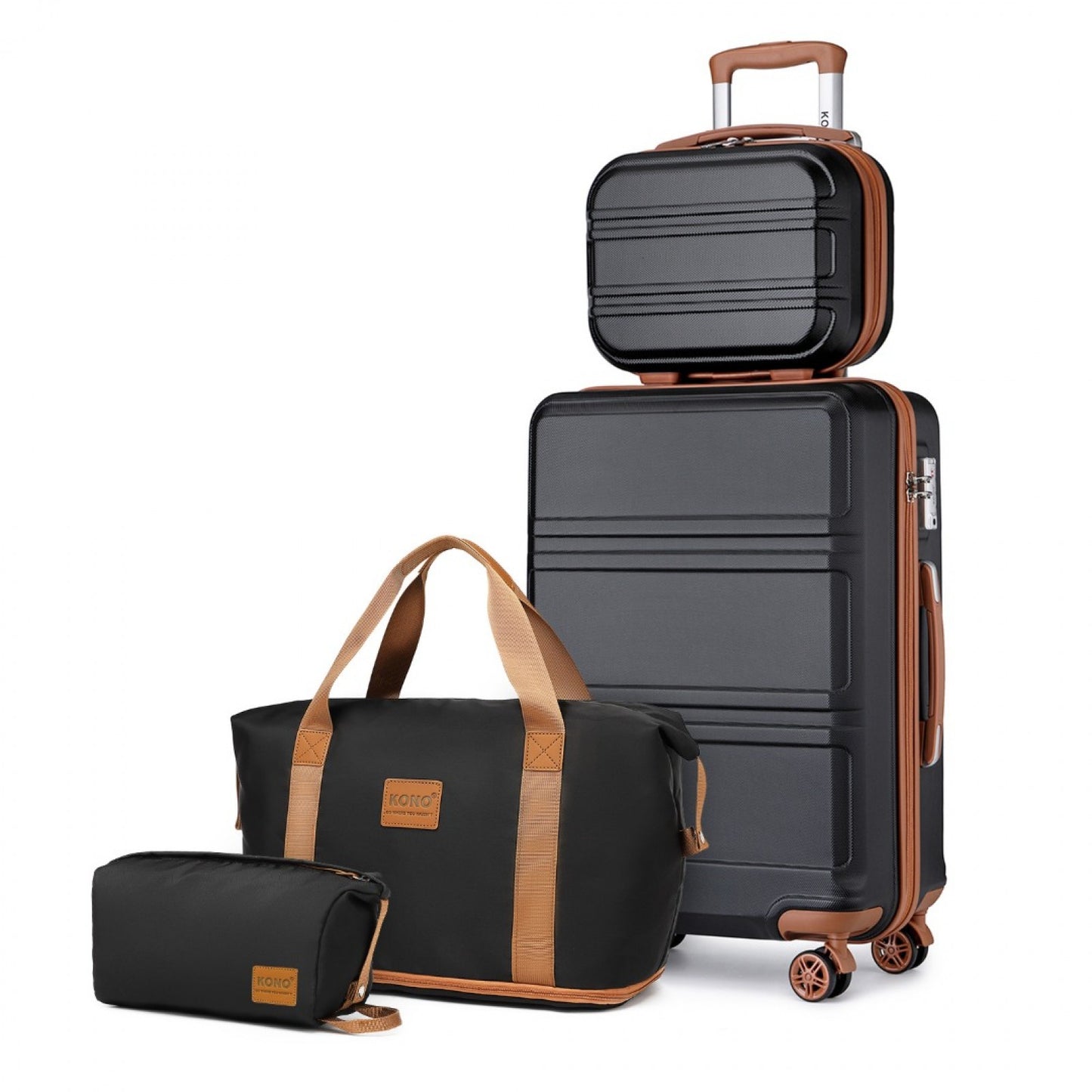 Kono ABS 4 Wheel Suitcase Set With Vanity Case And Weekend Bag And Toiletry Bag (K1871-1L+EA2212) - Black & Brown