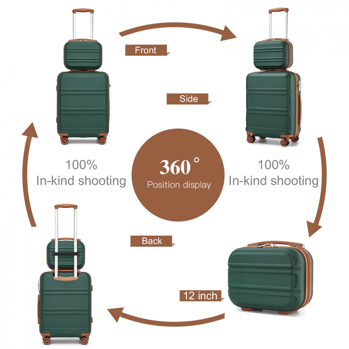 Kono ABS 4 Wheel Suitcase Set with Vanity Case (K1871-1L) - Green & Brown