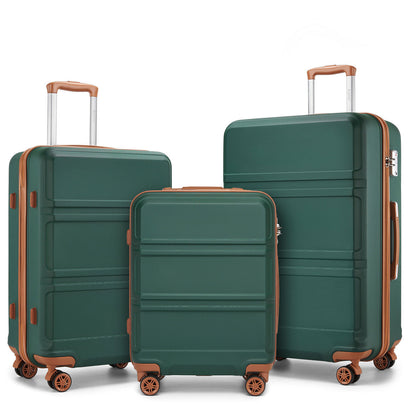 Kono ABS Sculpted Horizontal Design 3 Piece Suitcase Set (K1871-1L) - Green & Brown