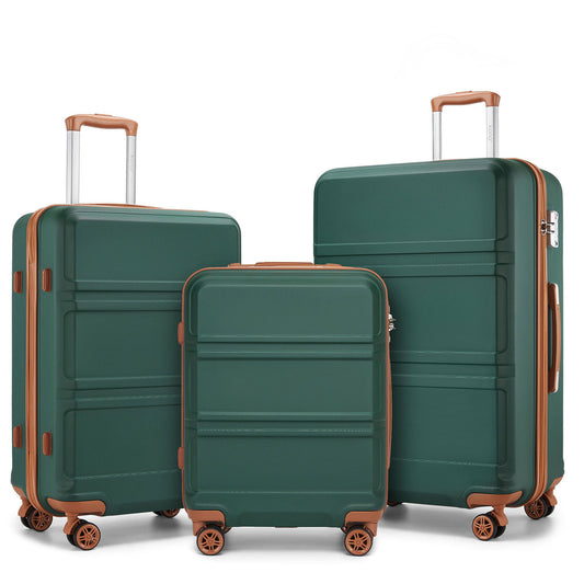 Kono ABS Sculpted Horizontal Design 3 Piece Suitcase Set (K1871-1L) - Green & Brown