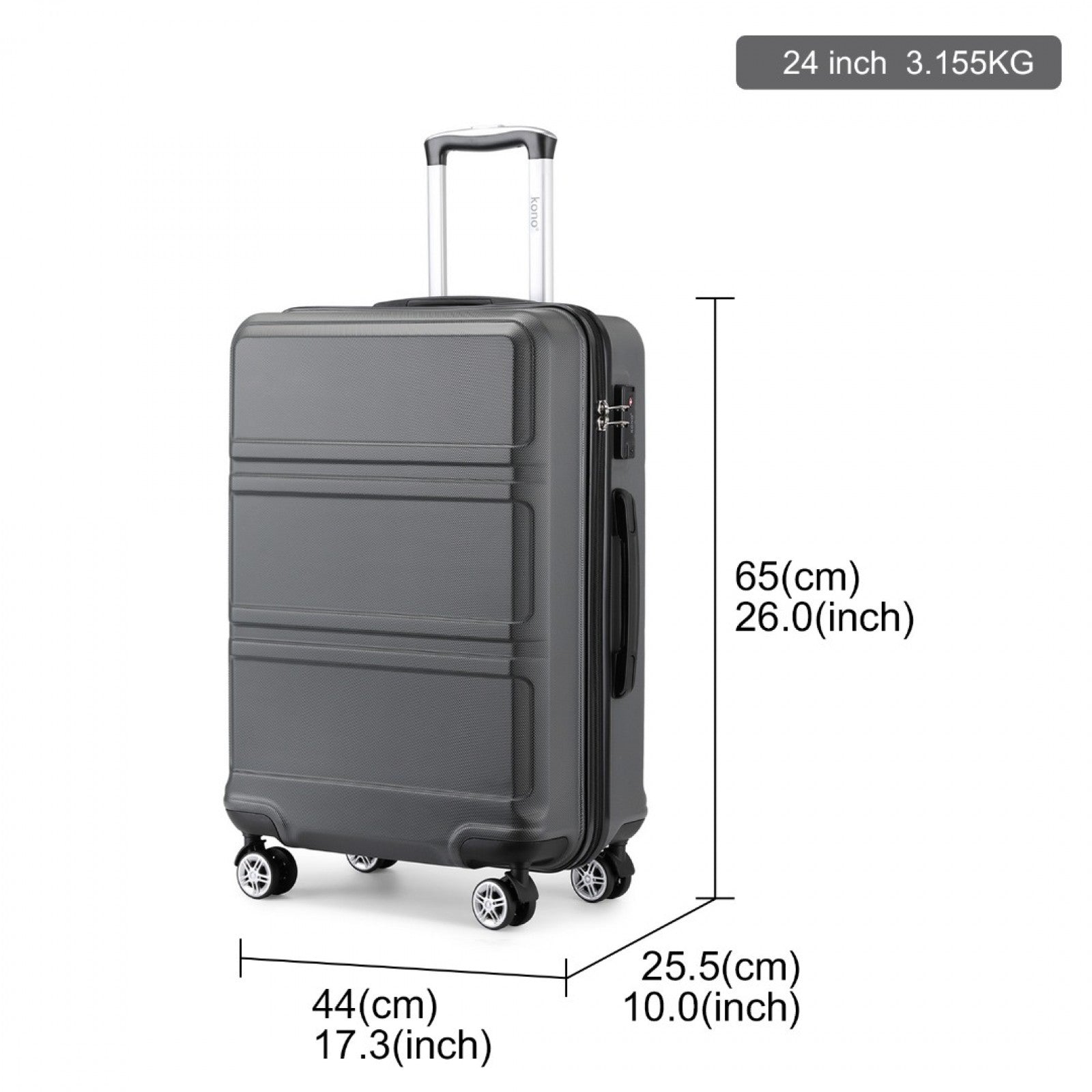 Kono ABS Sculpted Horizontal Design Cabin Luggage (K1871-1L) - Grey