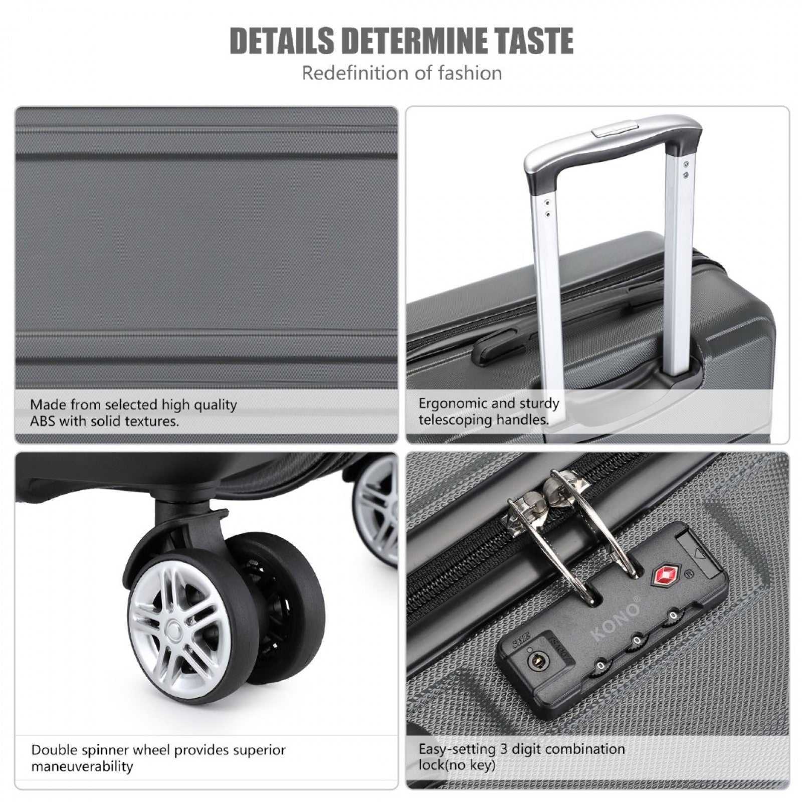 Kono ABS Sculpted Horizontal Design Cabin Luggage (K1871-1L) - Grey