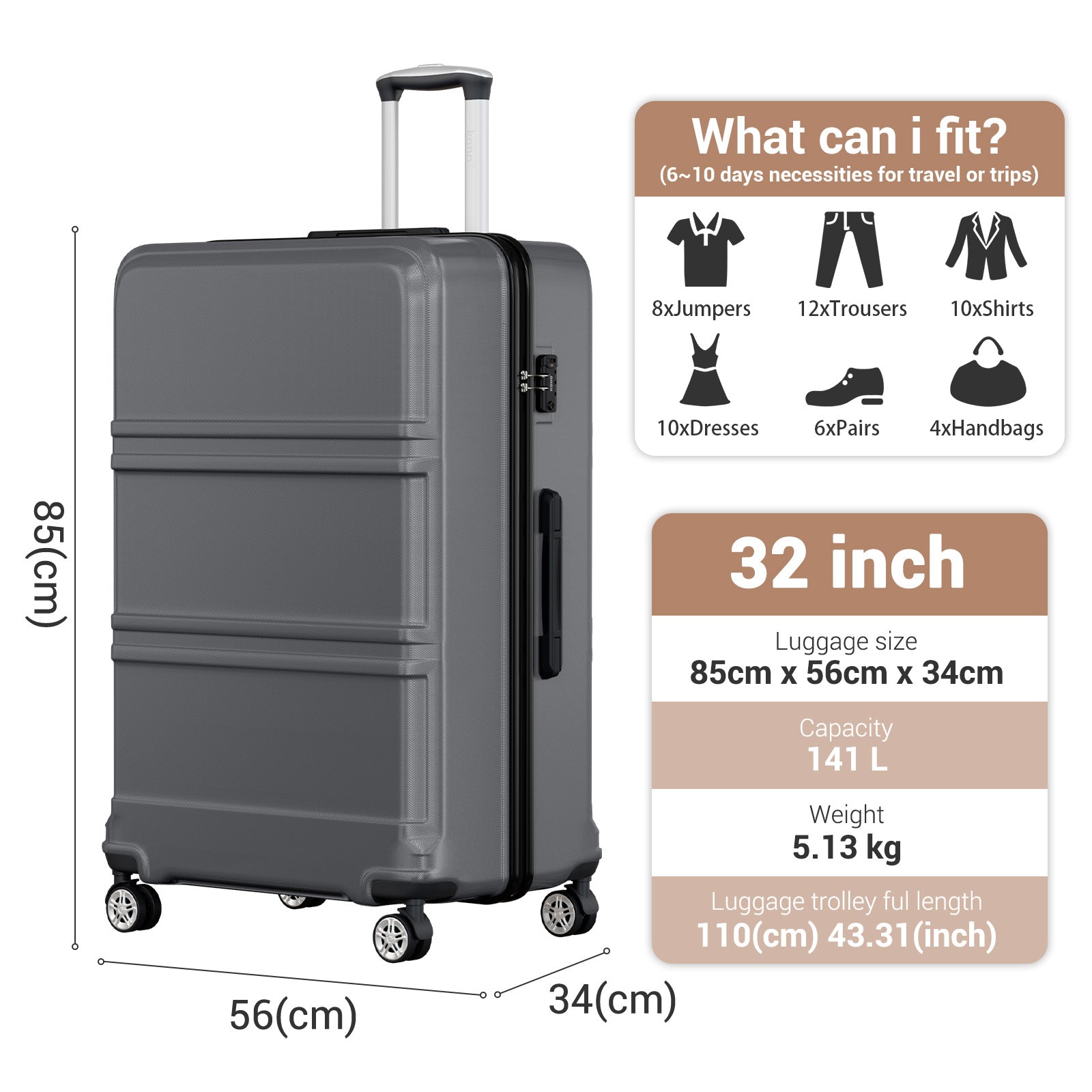 Extra Large Hard Shell Suitcase with Sculpted Horizontal Design & Telescopic Handle – Grey