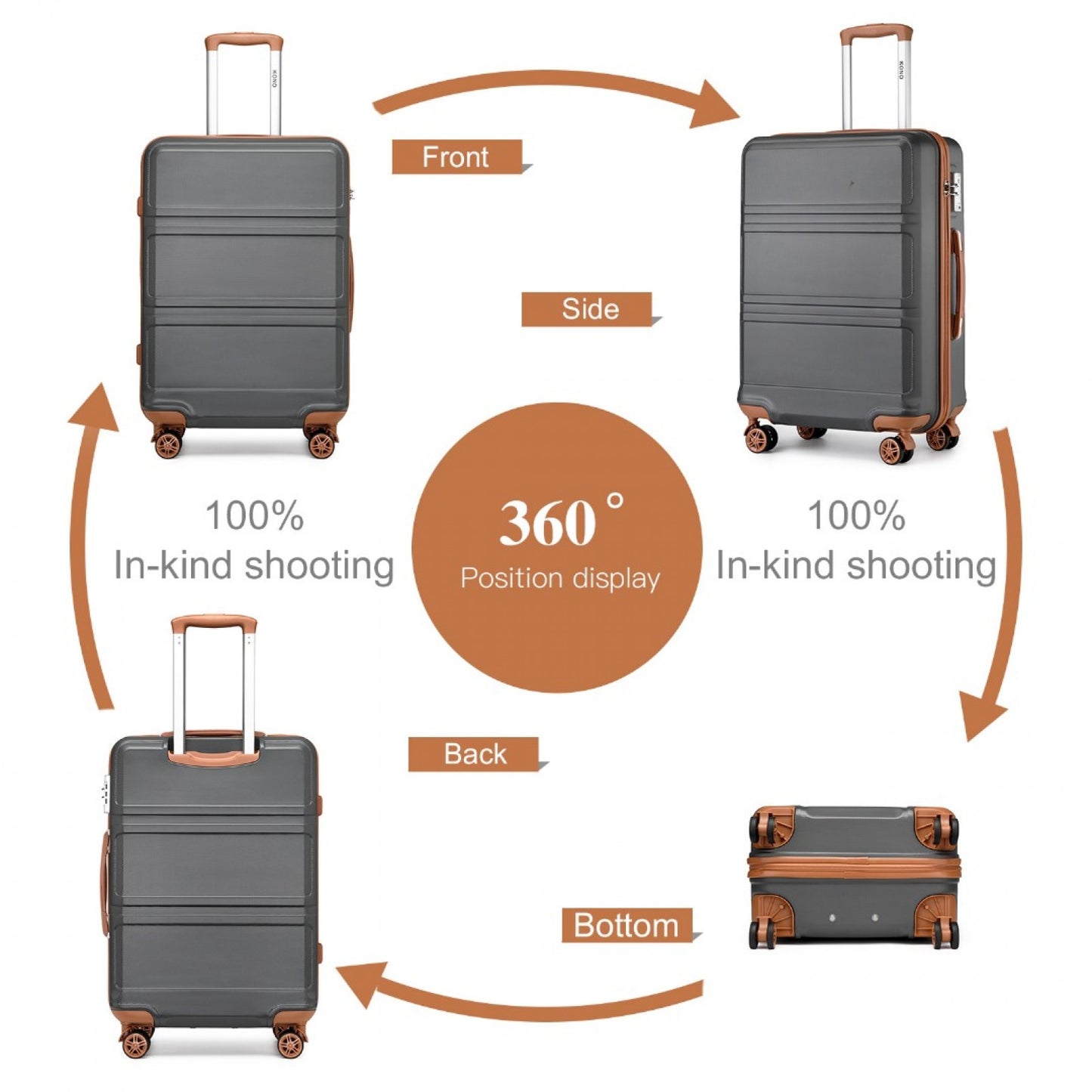 Kono ABS Sculpted Horizontal Design 4 Pcs Suitcase Set With Vanity Case (K1871-1L) - Grey & Brown
