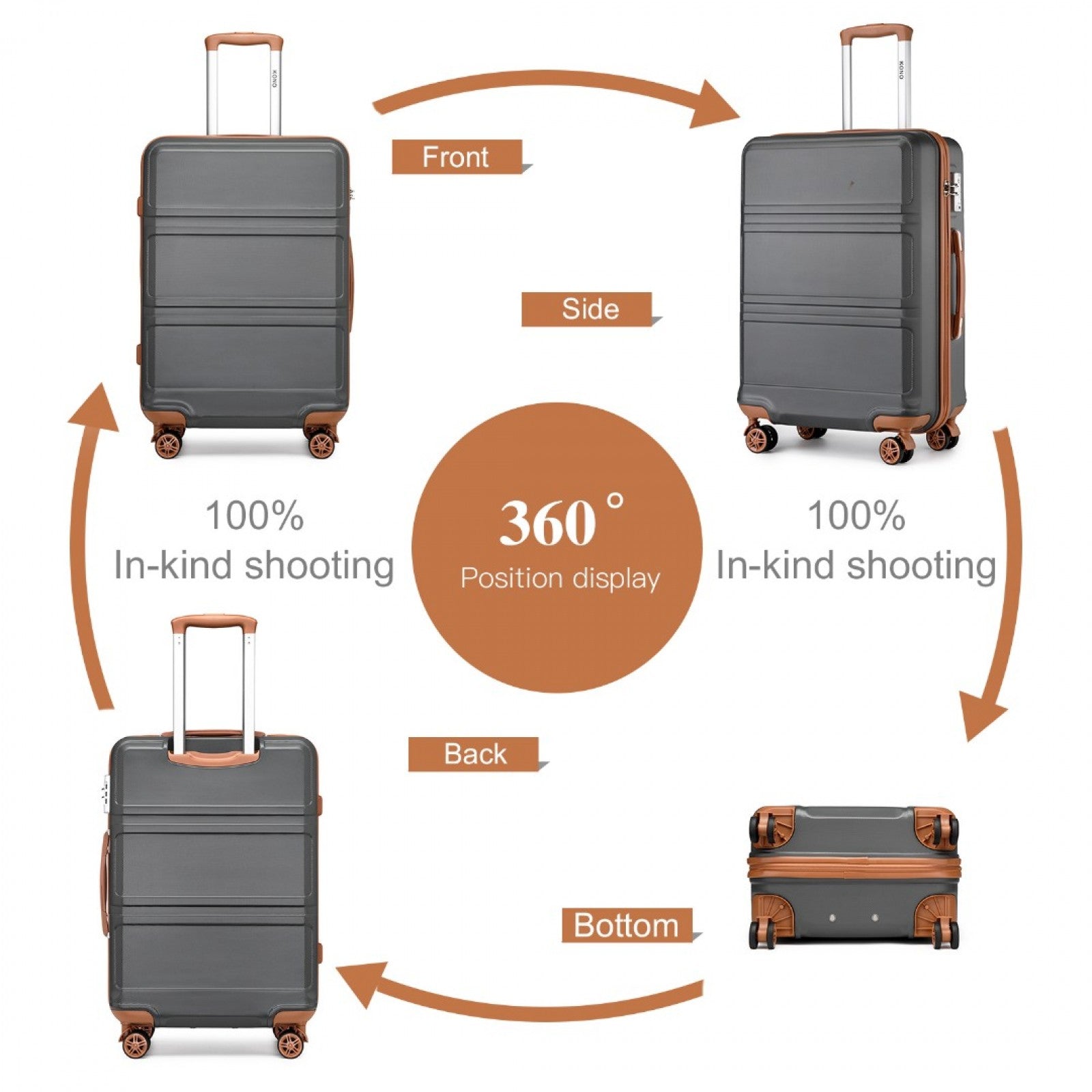 Kono ABS Sculpted Horizontal Design 4 Pcs Suitcase Set With Vanity Case (K1871-1L) - Grey & Brown