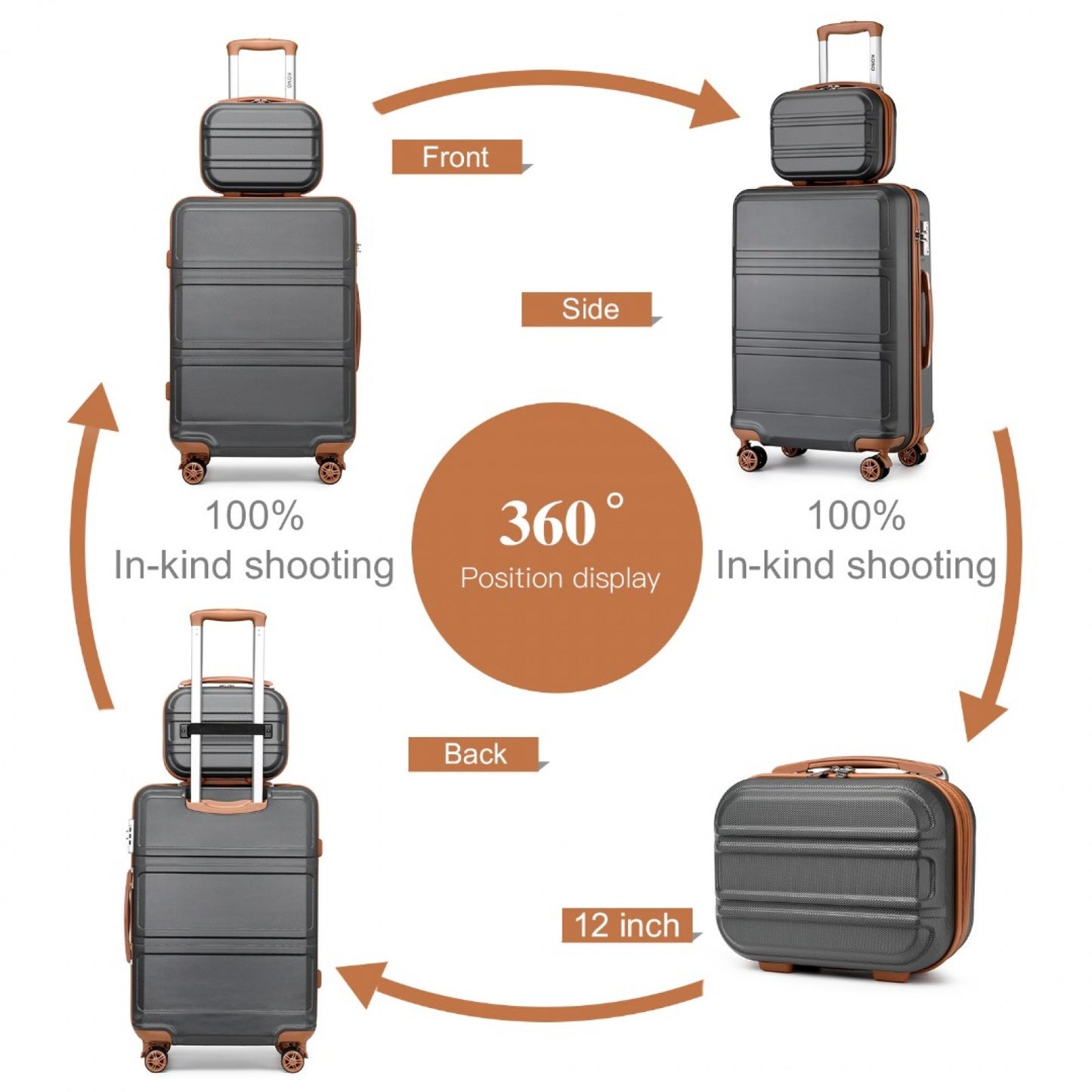 Kono ABS 4 Wheel Suitcase Set with Vanity Case (K1871-1L) - Grey & Brown