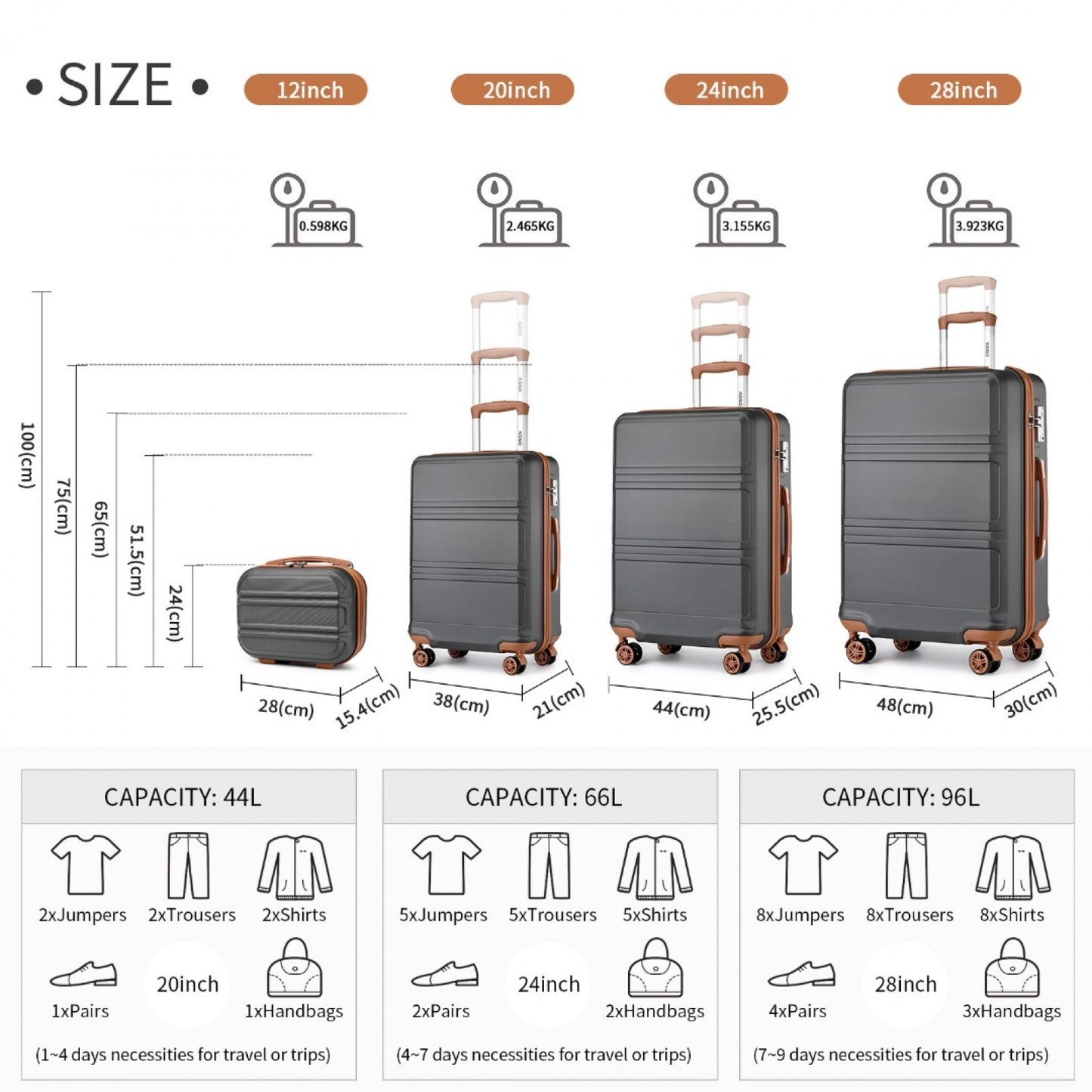 Kono ABS Sculpted Horizontal Design 4 Pcs Suitcase Set With Vanity Case (K1871-1L) - Grey & Brown