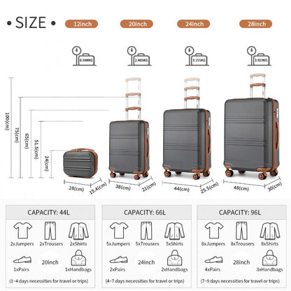 Kono ABS Sculpted Horizontal Design 4 Pcs Suitcase Set With Vanity Case (K1871-1L) - Grey & Brown