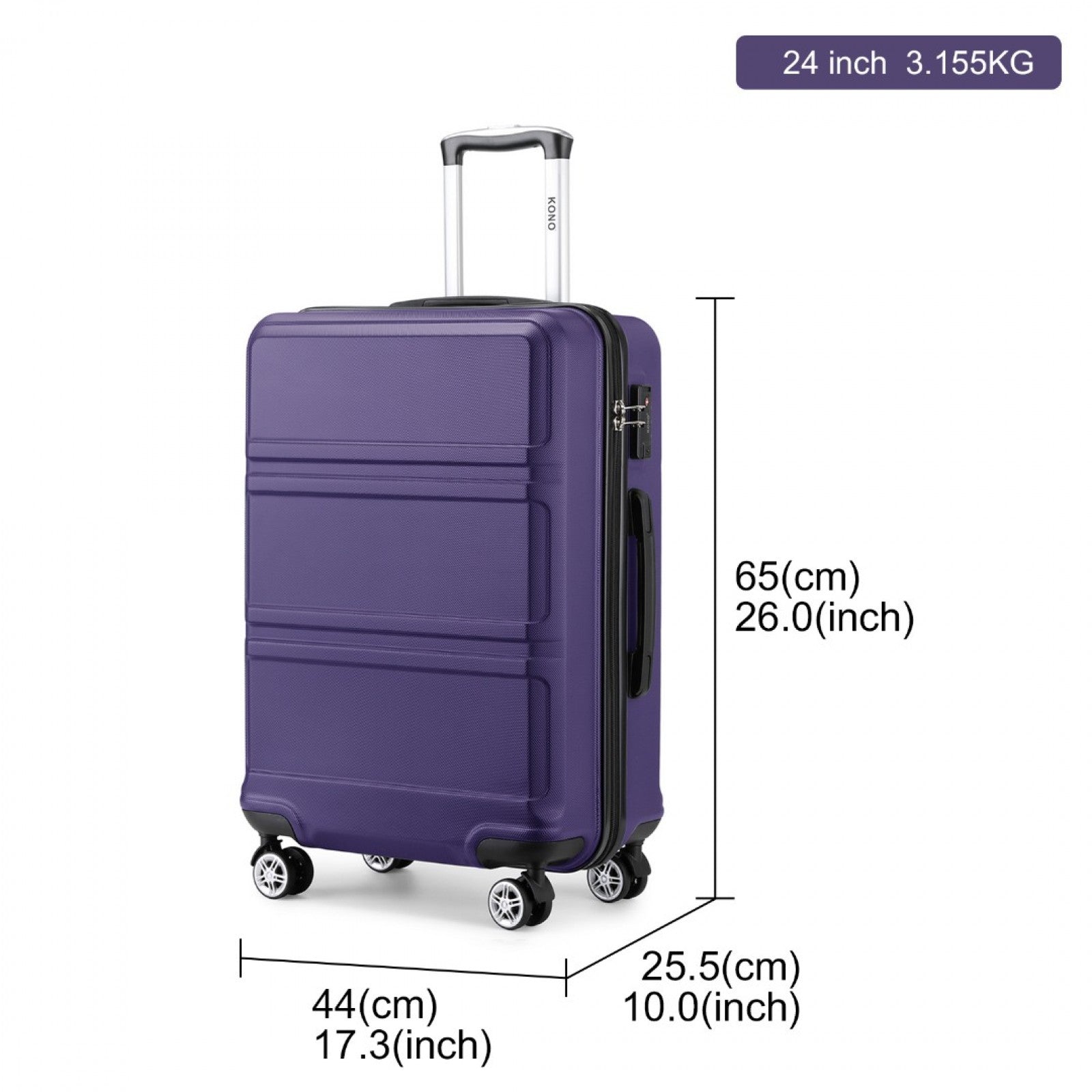 Kono ABS Sculpted Horizontal Design Cabin Luggage (K1871-1L) - Purple