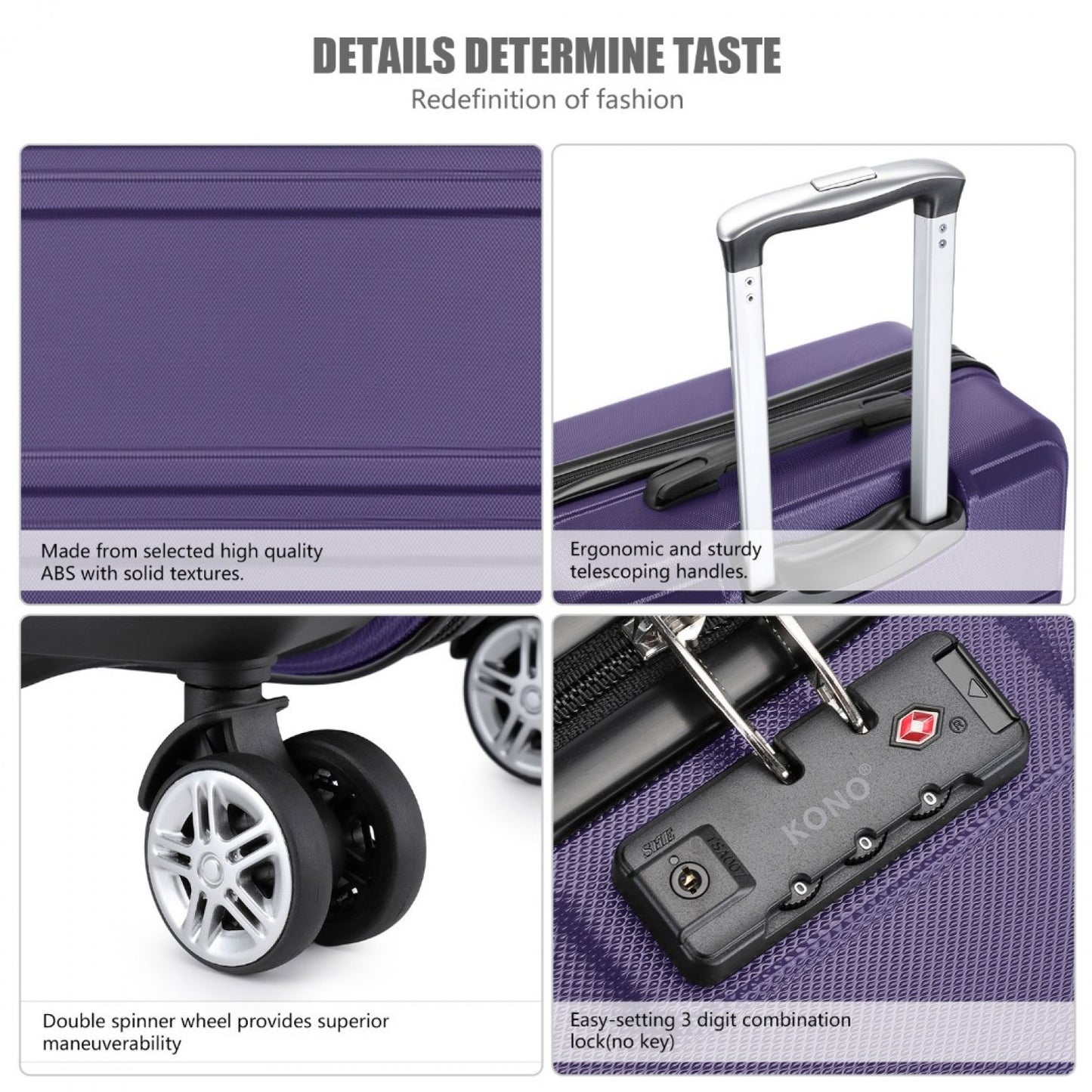 Kono ABS Sculpted Horizontal Design Cabin Luggage (K1871-1L) - Purple