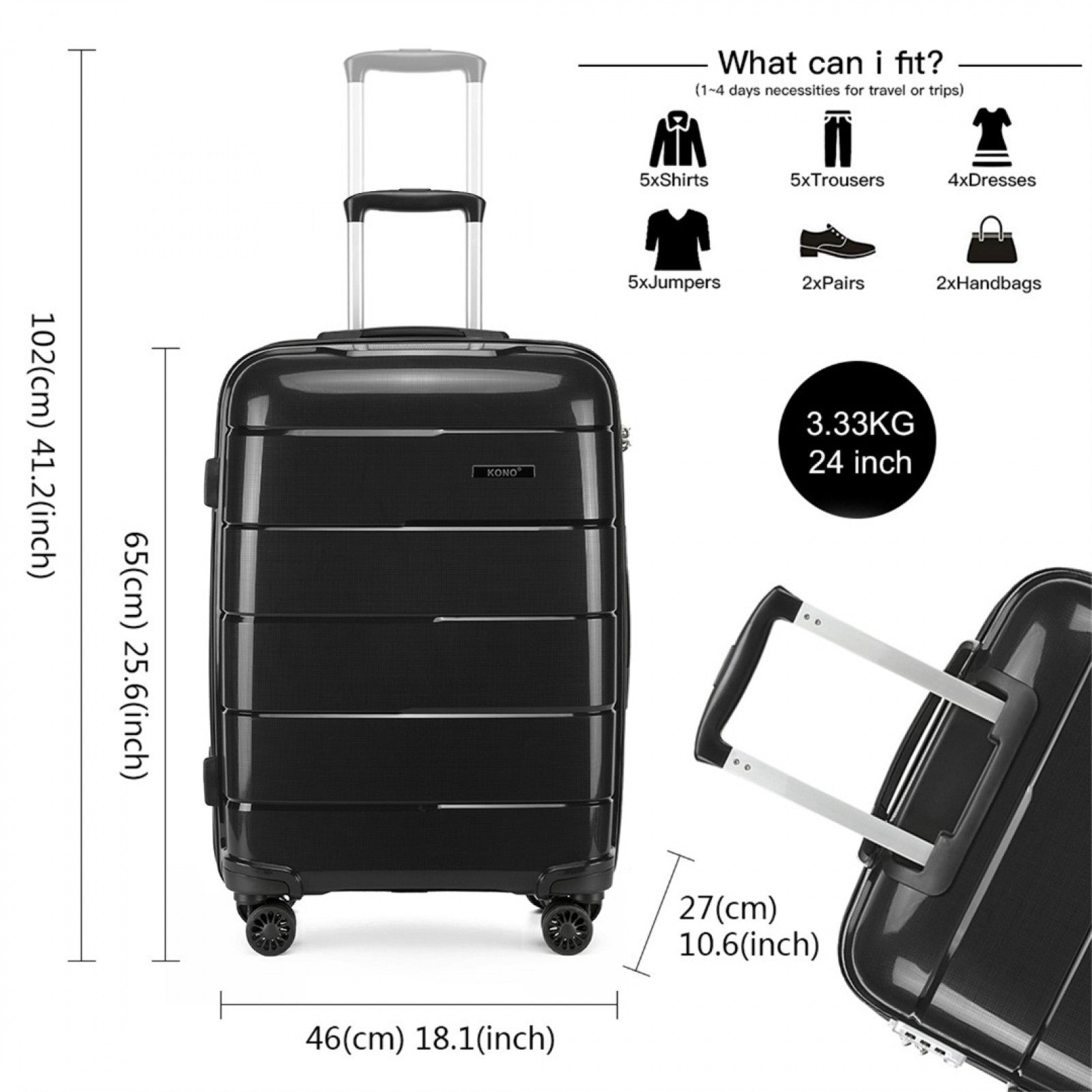 Kono Hard Shell PP Suitcase (K1997L) - Black