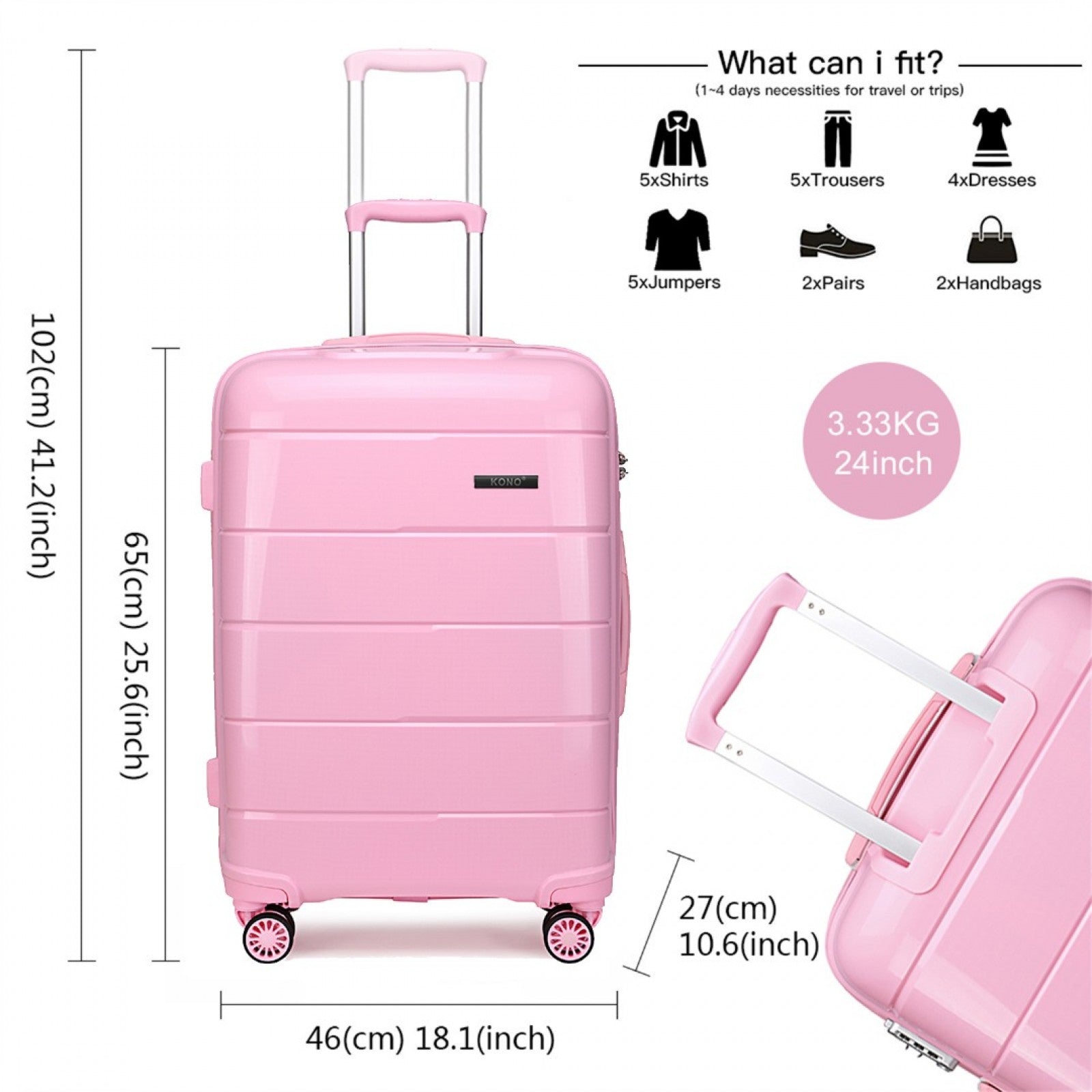 Kono Hard Shell PP Suitcase (K1997L) - Pink