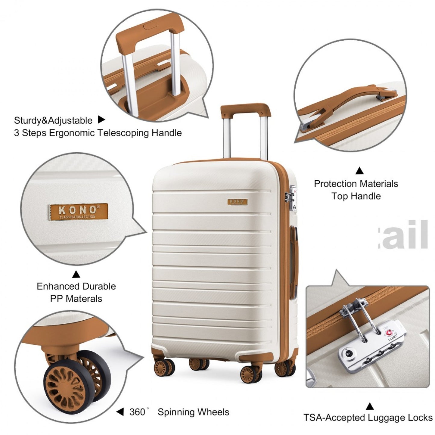 Kono Multi Texture Hard Shell PP Suitcase Classic Collection (K2091L) - Cream