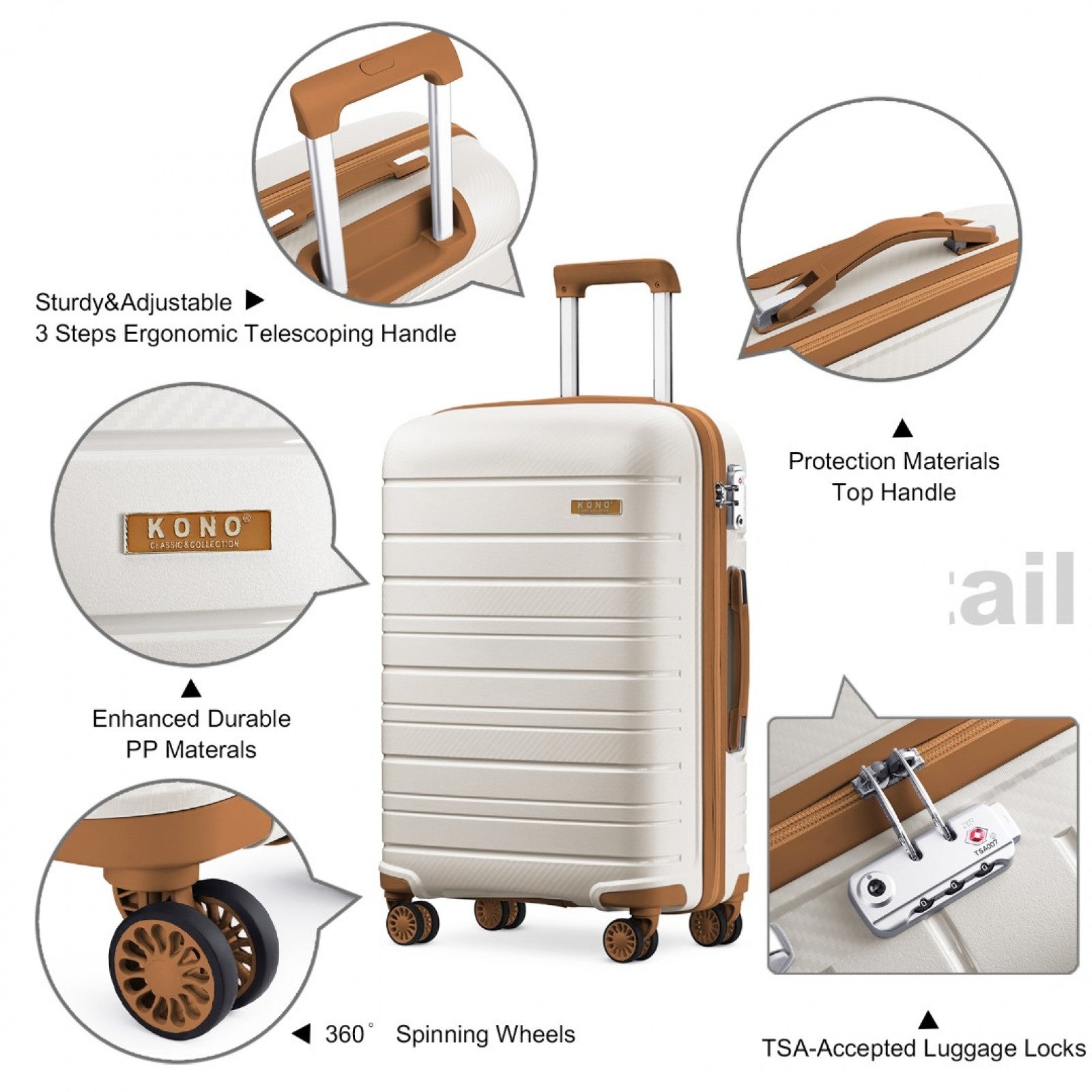 Kono Multi Texture Hard Shell PP Suitcase Classic Collection (K2091L) - Cream