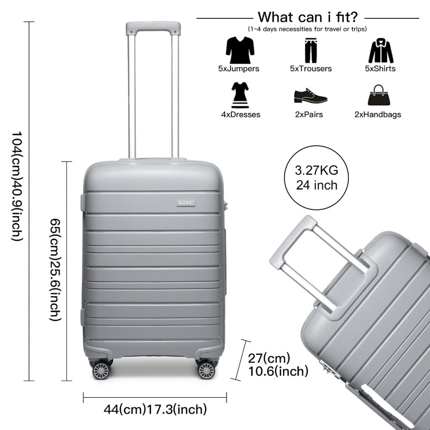Kono Multi Texture Hard Shell PP Suitcase Classic Collection (K2091L) - Grey