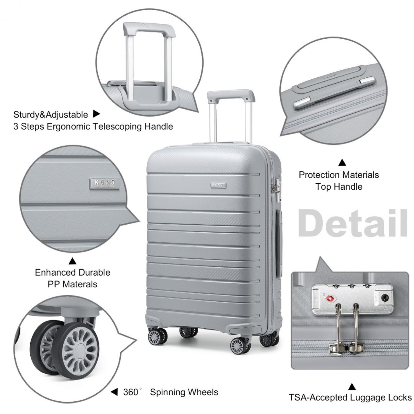 Kono Multi Texture Hard Shell PP Suitcase Classic Collection (K2091L) - Grey