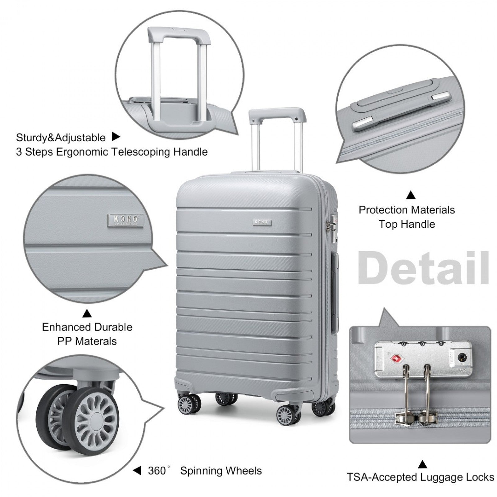 Kono Multi Texture Hard Shell PP Suitcase Classic Collection (K2091L) - Grey