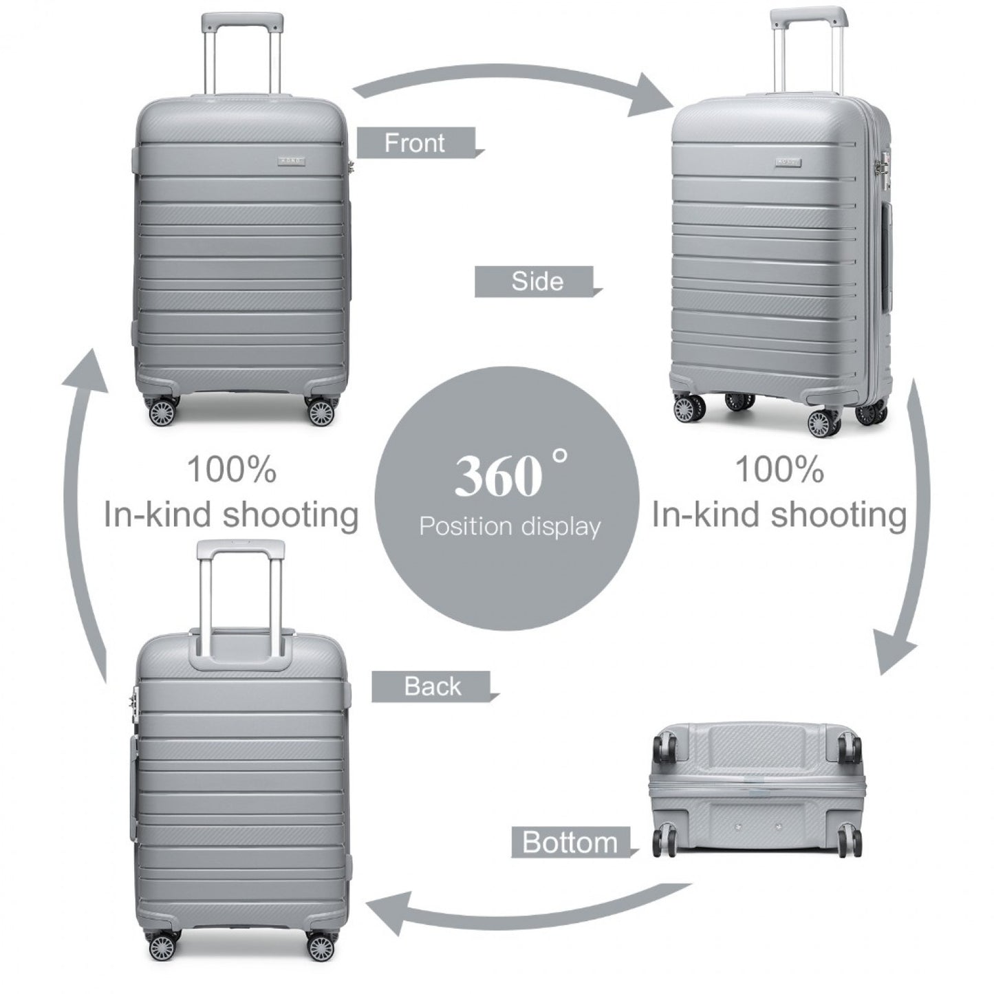 Kono Multi Texture Hard Shell PP Suitcase With TSA Lock And Vanity Case 4 Pieces Set - Classic Collection (K2091L) - Grey