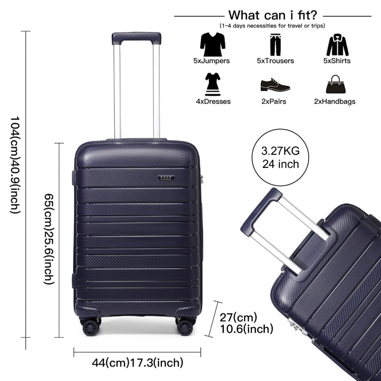 Kono Multi Texture Hard Shell PP Suitcase Classic Collection (K2091L) - Navy