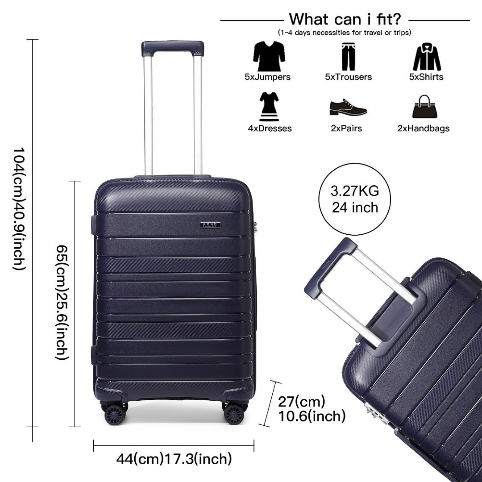 Kono Multi Texture Hard Shell PP Suitcase Classic Collection (K2091L) - Navy
