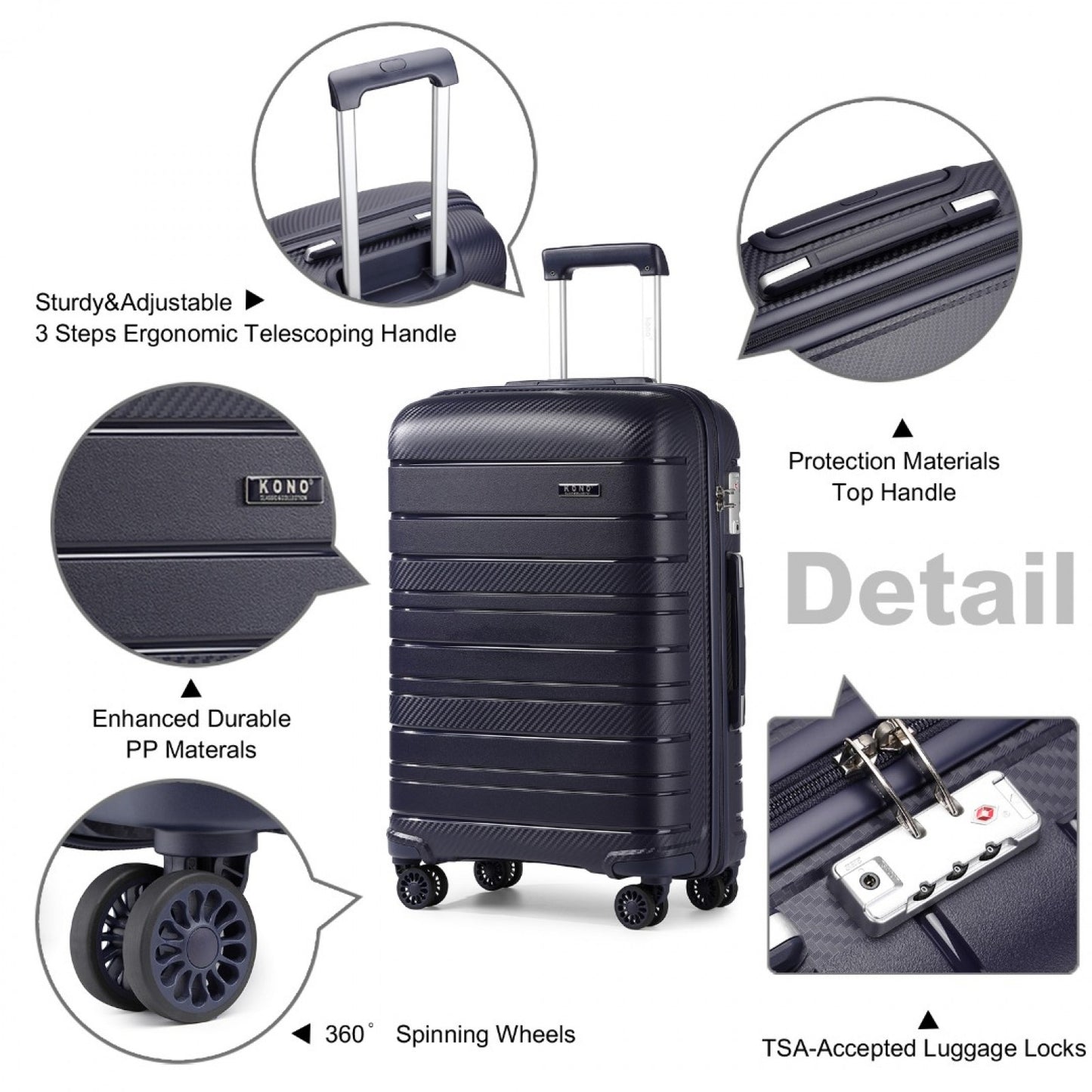 Kono Multi Texture Hard Shell PP Suitcase Classic Collection (K2091L) - Navy