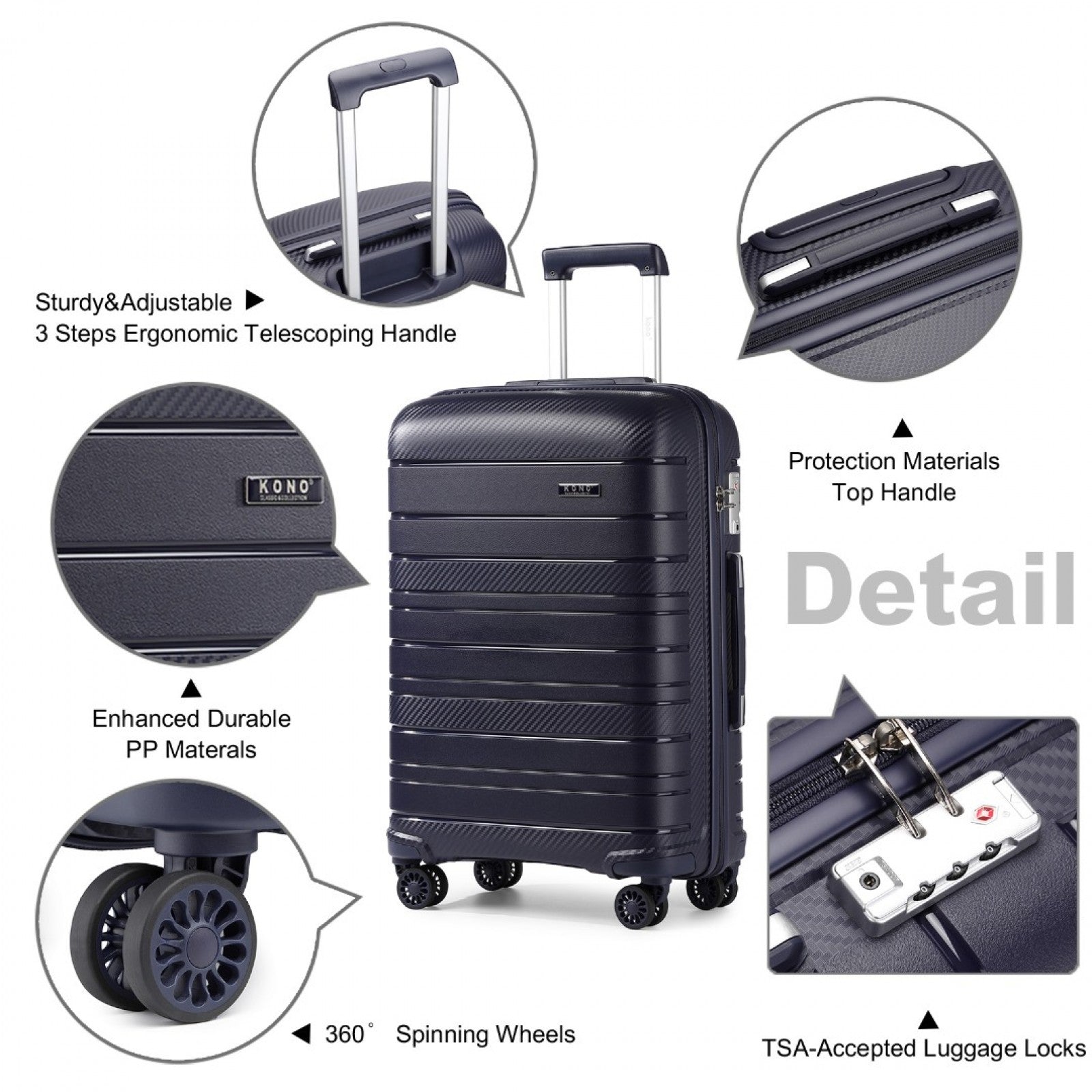 Kono Multi Texture Hard Shell PP Suitcase Classic Collection (K2091L) - Navy