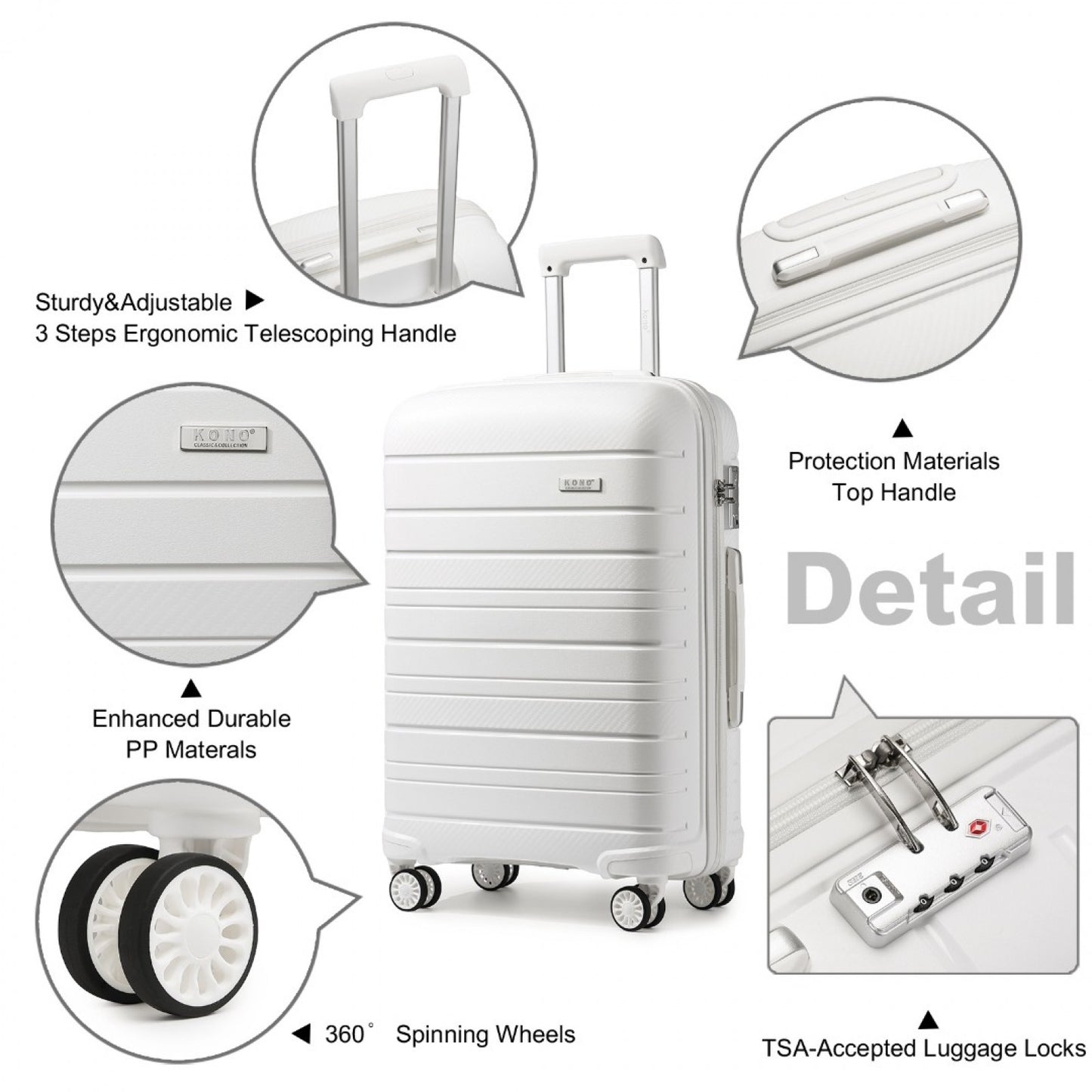 Kono Multi Texture Hard Shell PP Suitcase Classic Collection (K2091L) - White